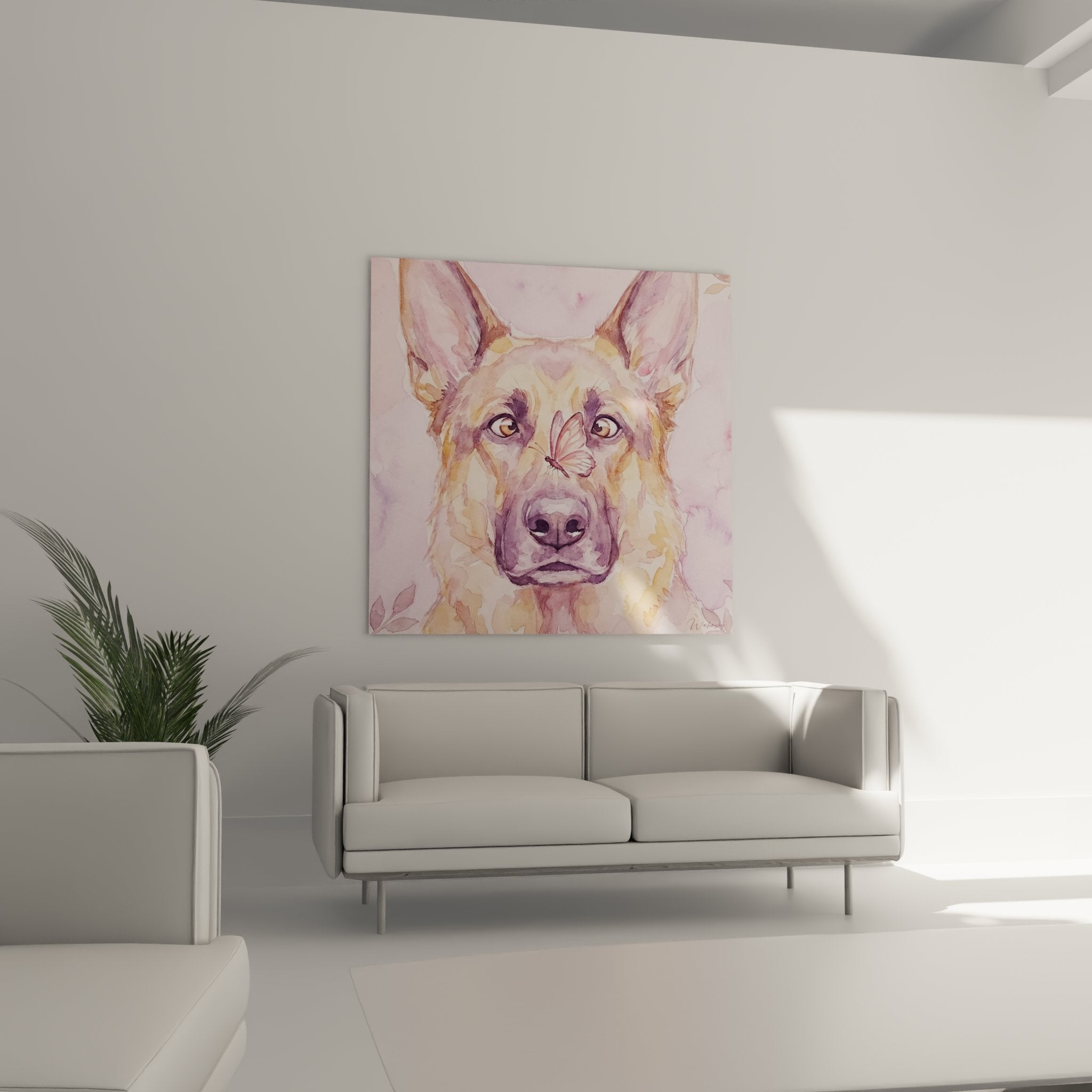 dettaglio acquerello pastore tedesco farfalla rosa muso cane occhi ambra pittura pastello ritratto animale