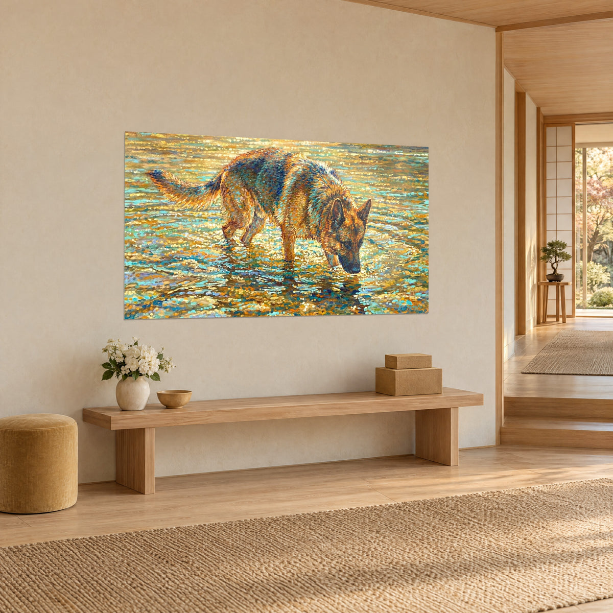 Schilderij tweekleurige mastiff gebogen over het glinsterende water, turquoise en honingkleurige reflecties, lichte houten bank, driekwart zicht op de woonkamer