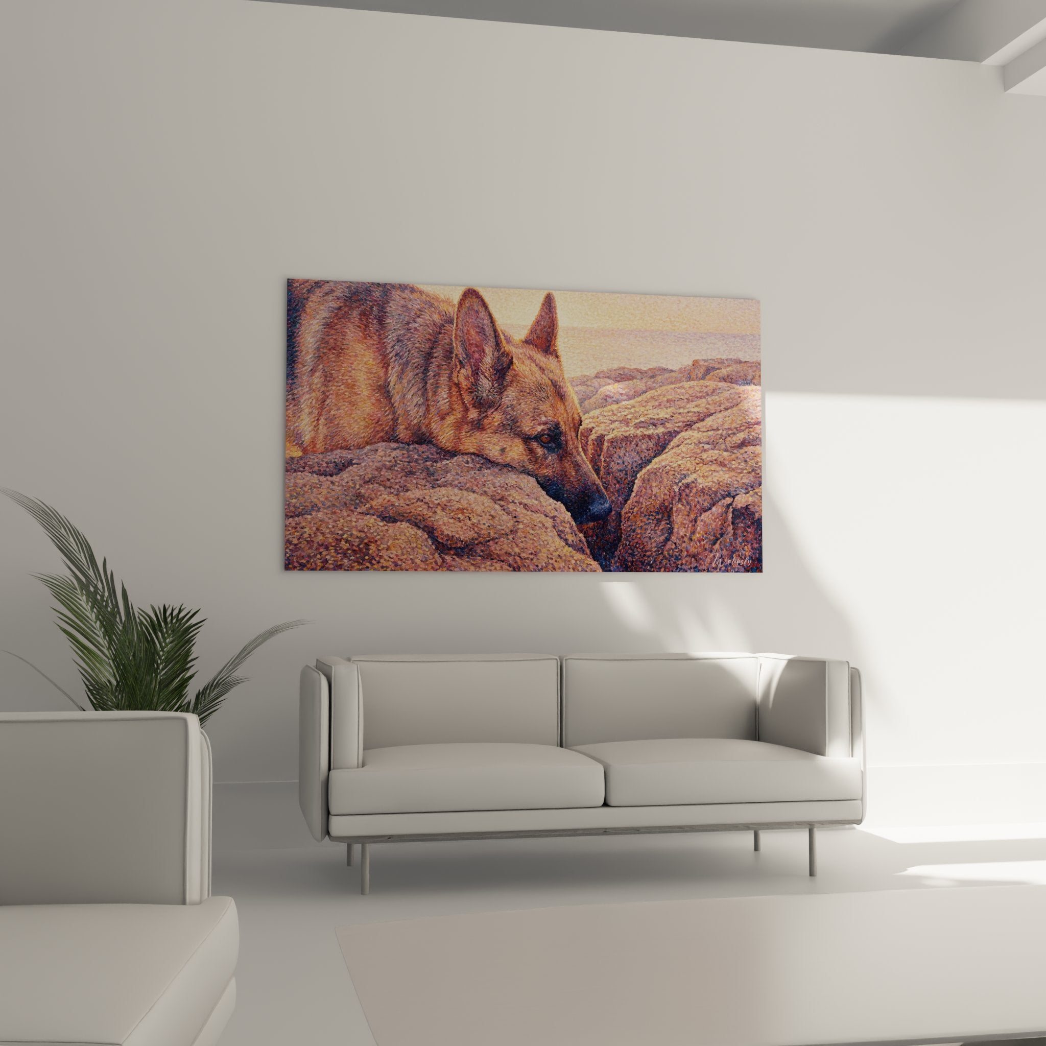 dettaglio pastore tedesco quadro riflessi rame mantello pointillismo texture ricca sfumature dorate