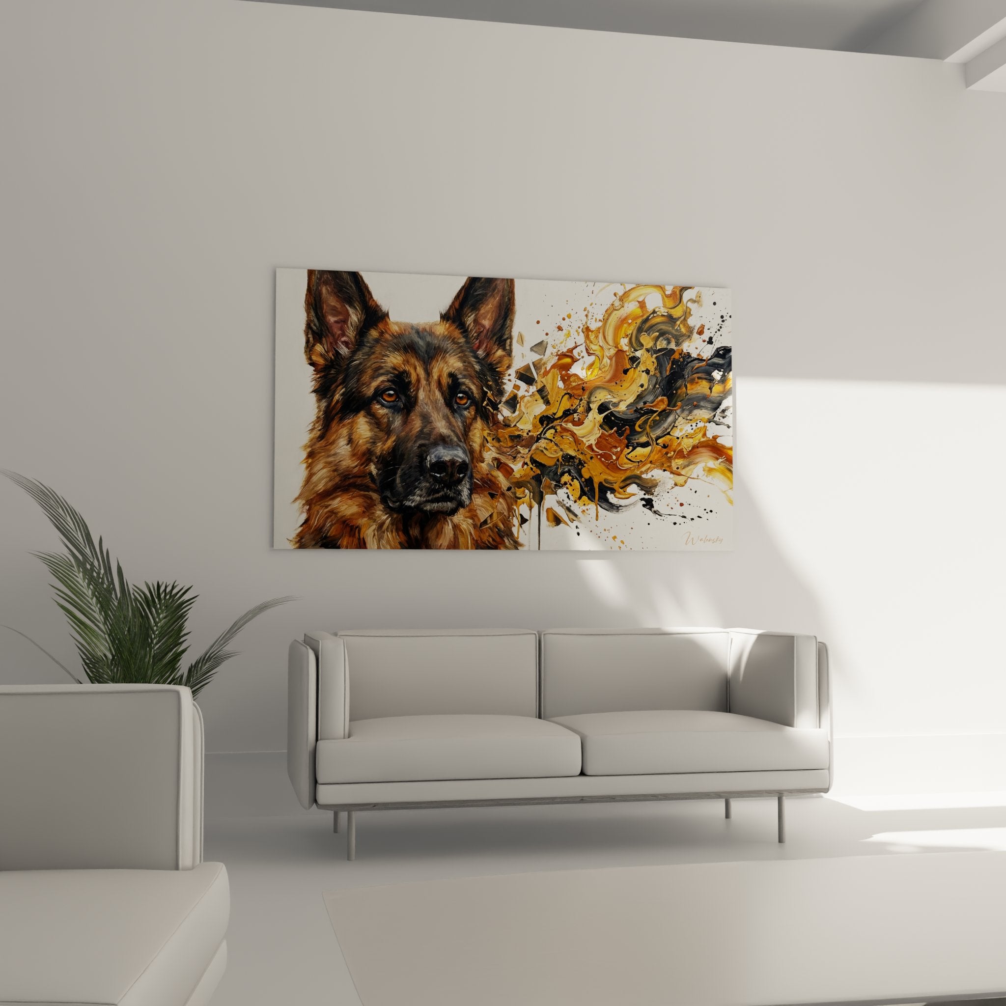 Detailporträt Deutscher Schäferhund mit bernsteinfarbenen Augen und abstrakten farbigen Spritzern