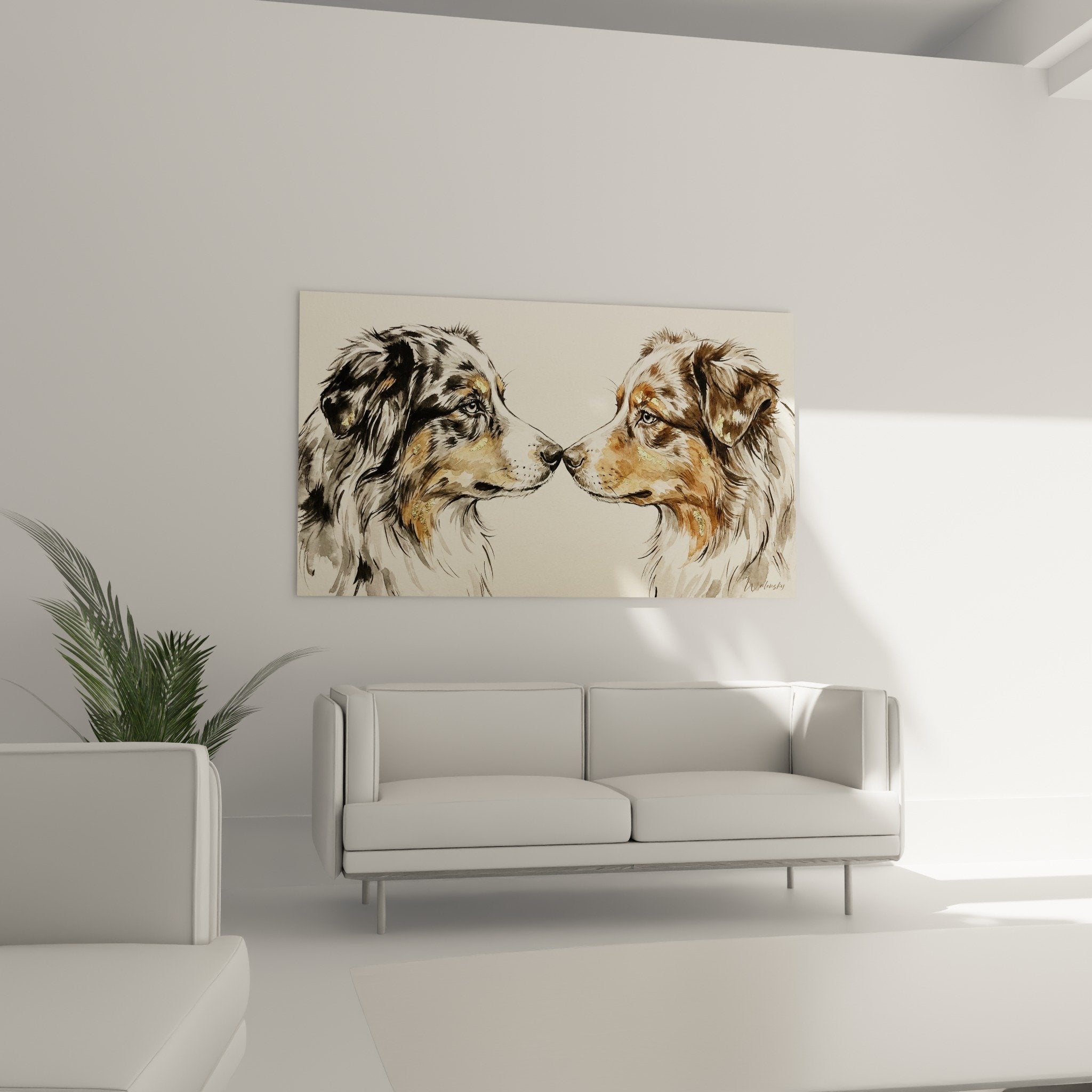 Detail tableau berger americain miniature yeux expressifs pelage merle texture peinture realiste