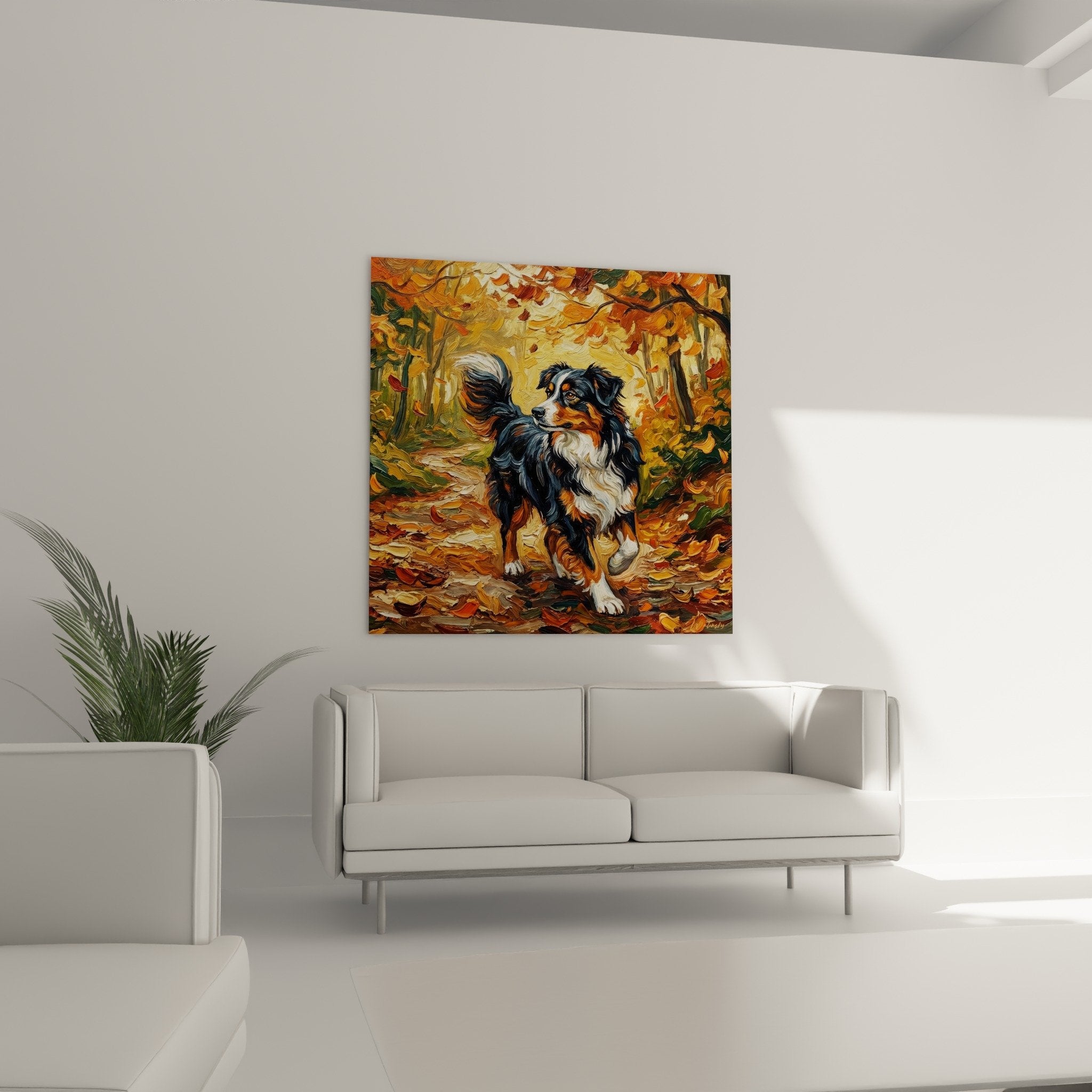 Dettaglio dipinto Pastore Americano in Miniatura, mantello tricolore nero rame bianco, tecnica pittorica a impasto artistico