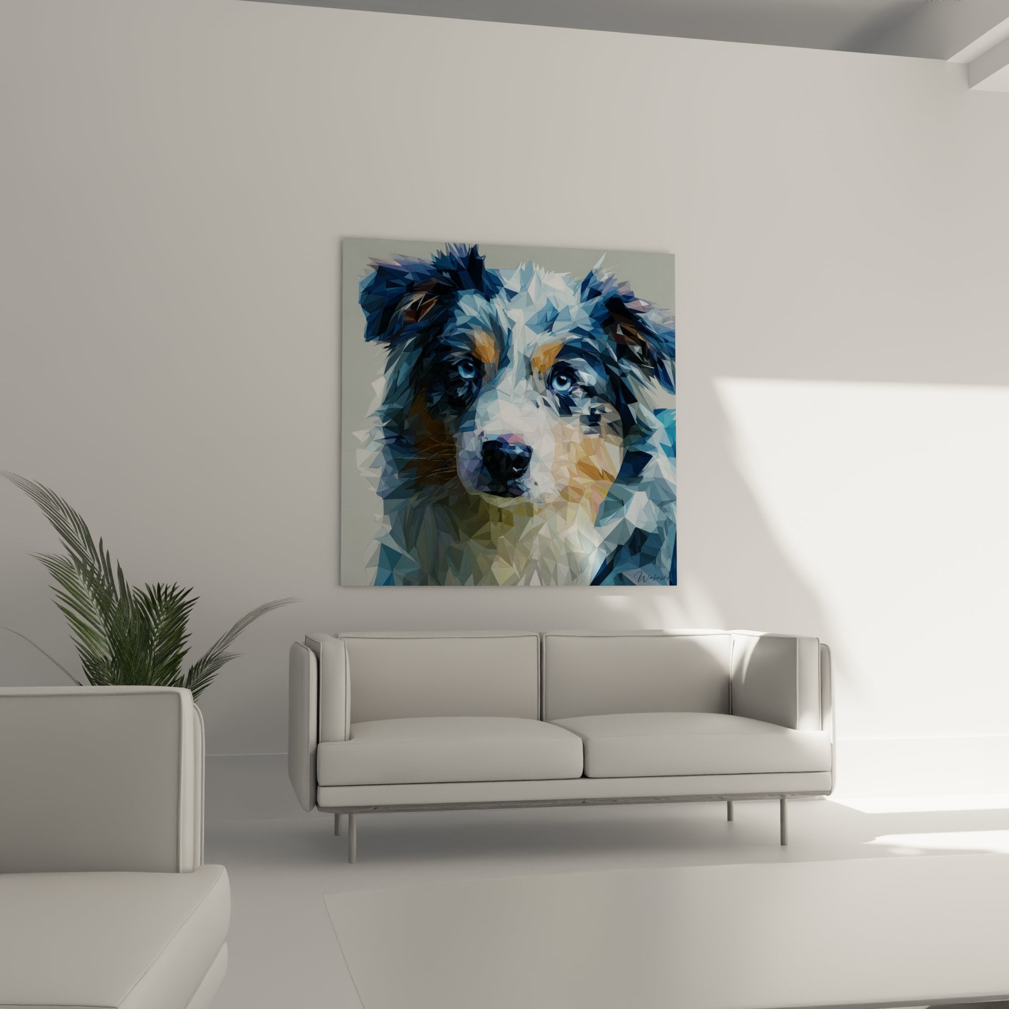 Australian Shepherd portrait detail geometric facets blue eyes tan coat