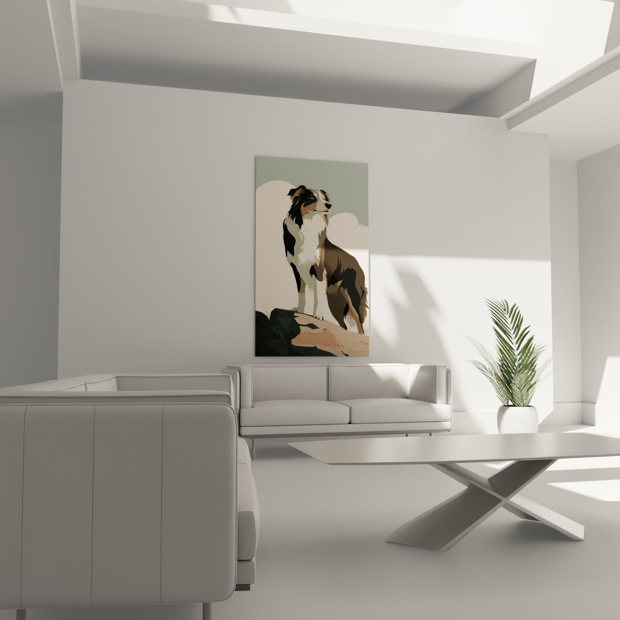Detail tableau berger australien pelage tricolore noir marron blanc regard expressif art animalier contemporain