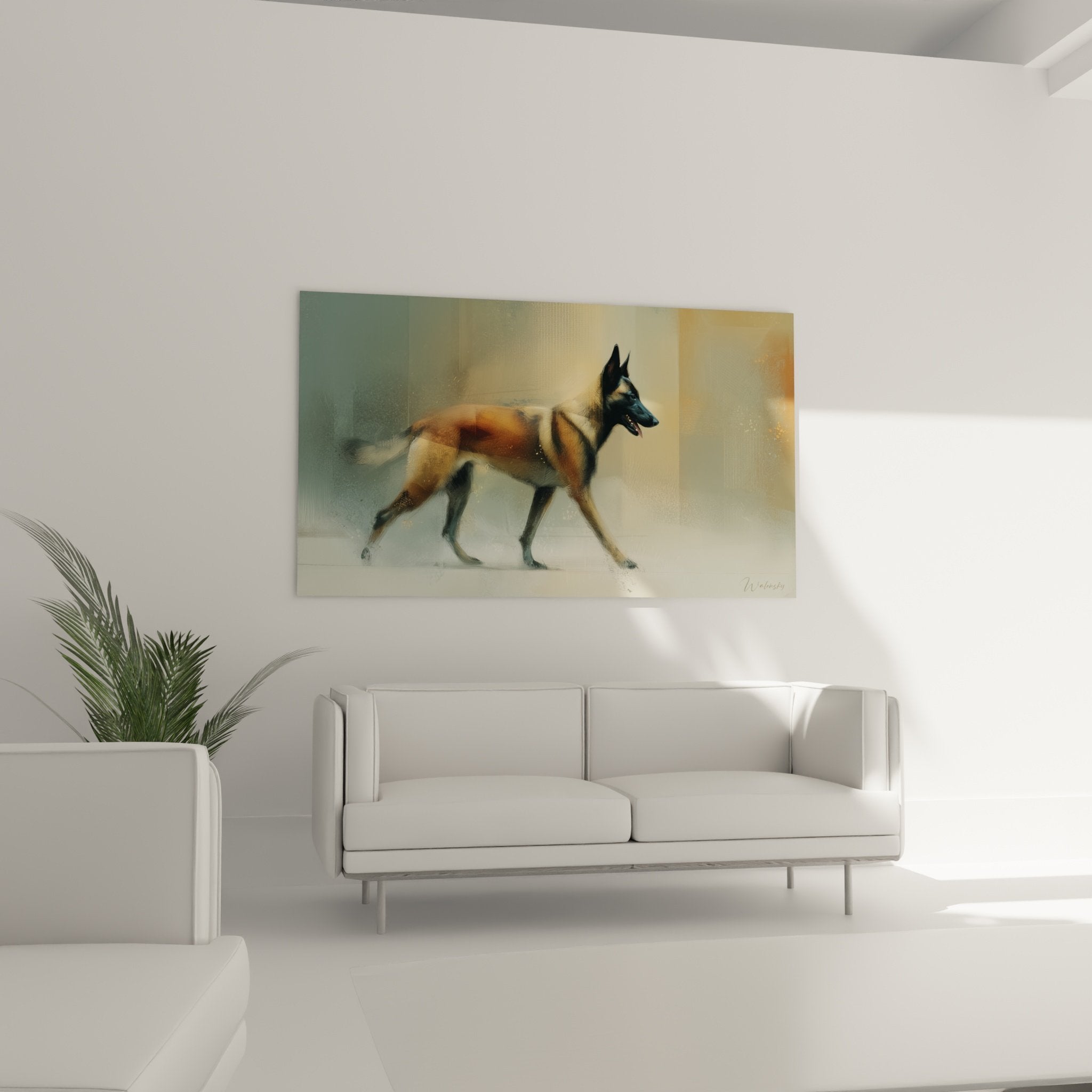 detail tableau berger belge malinois technique flou artistique nuances dorées ambrées