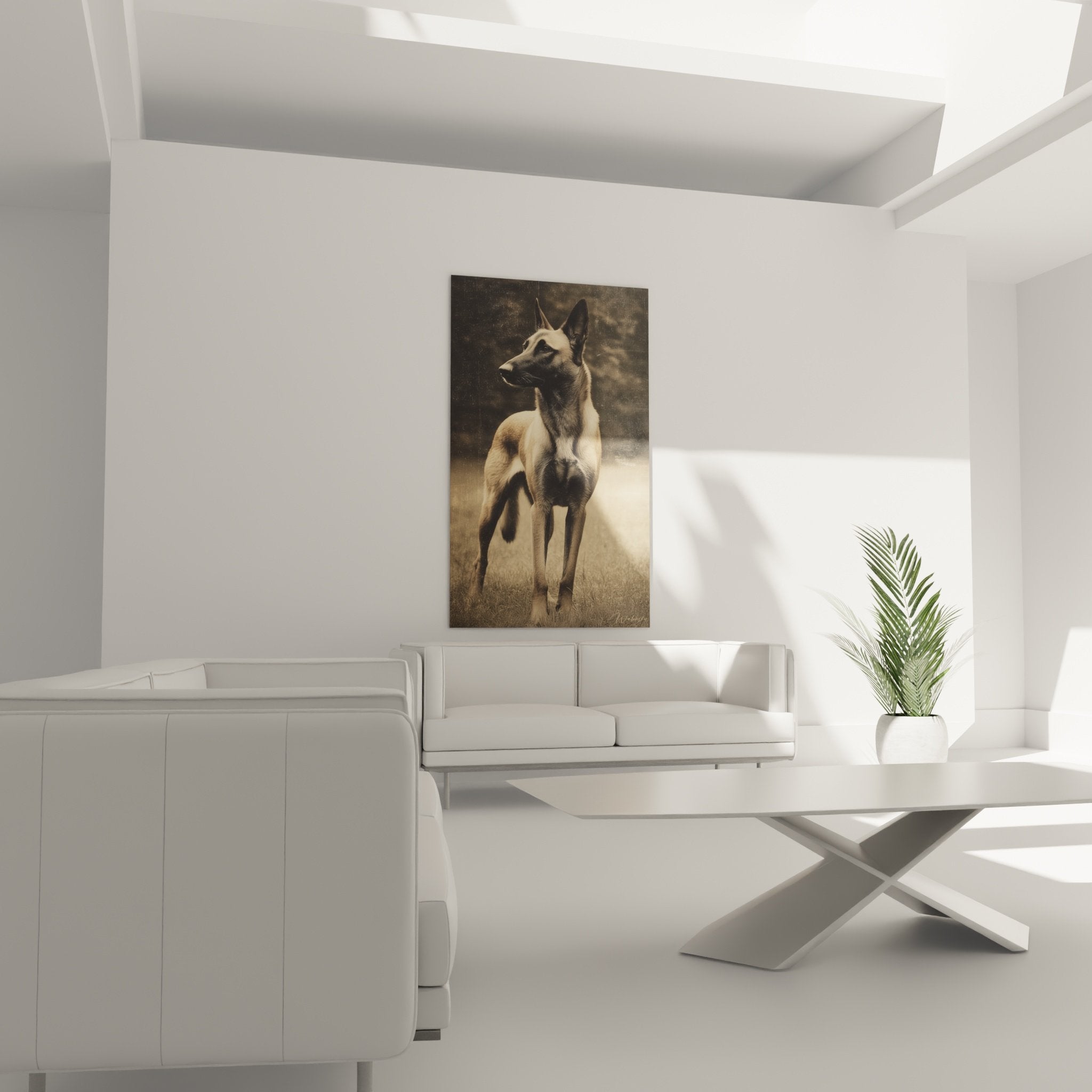 detail tableau berger belge malinois gros plan portrait canin realiste tons chauds beige ocre