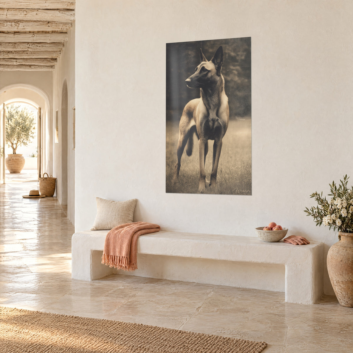 Πίνακας Malinois στημένος στο γρασίδι, ξανθοκάστανο τρίχωμα με μαύρη μάσκα, θολό φόντο φυλλώματος, τρία τέταρτα σε λευκό τοίχο