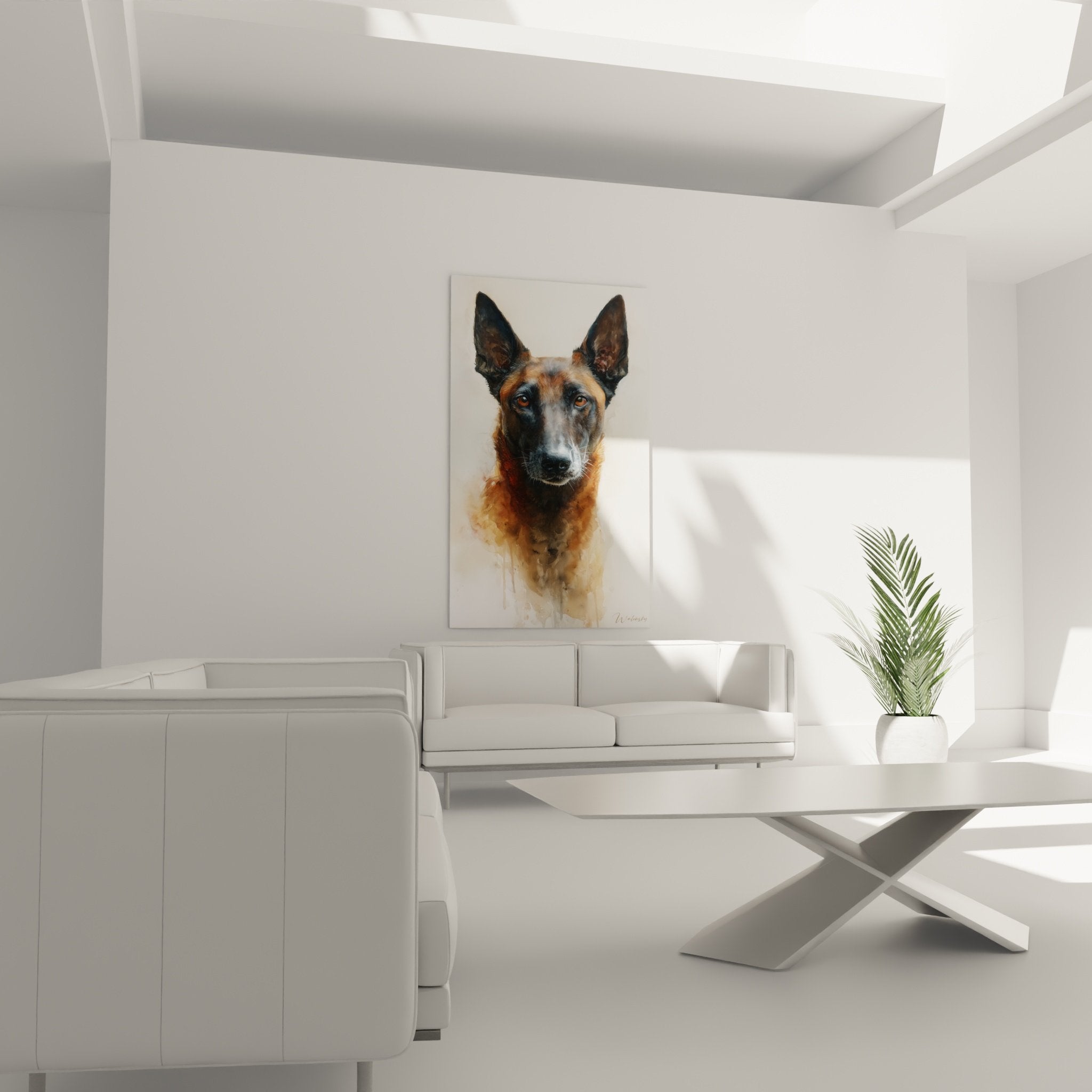 Detailporträt Belgischer Schäferhund Malinois mit bernsteinfarbenen Augen Aquarelltechnik fauve Nuancen