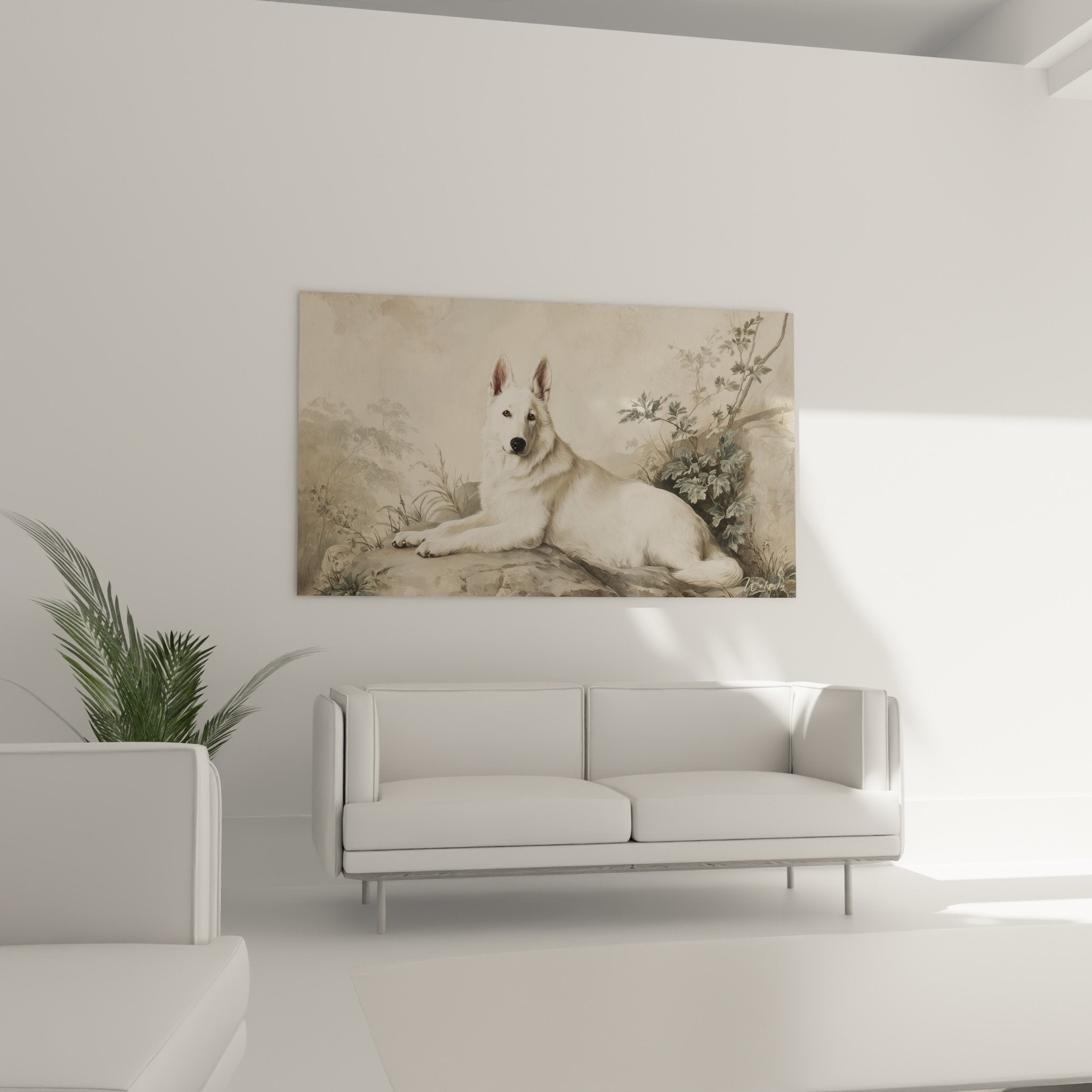 Détail tableau Berger Blanc Suisse au pelage immaculé sur fond rocheux beige