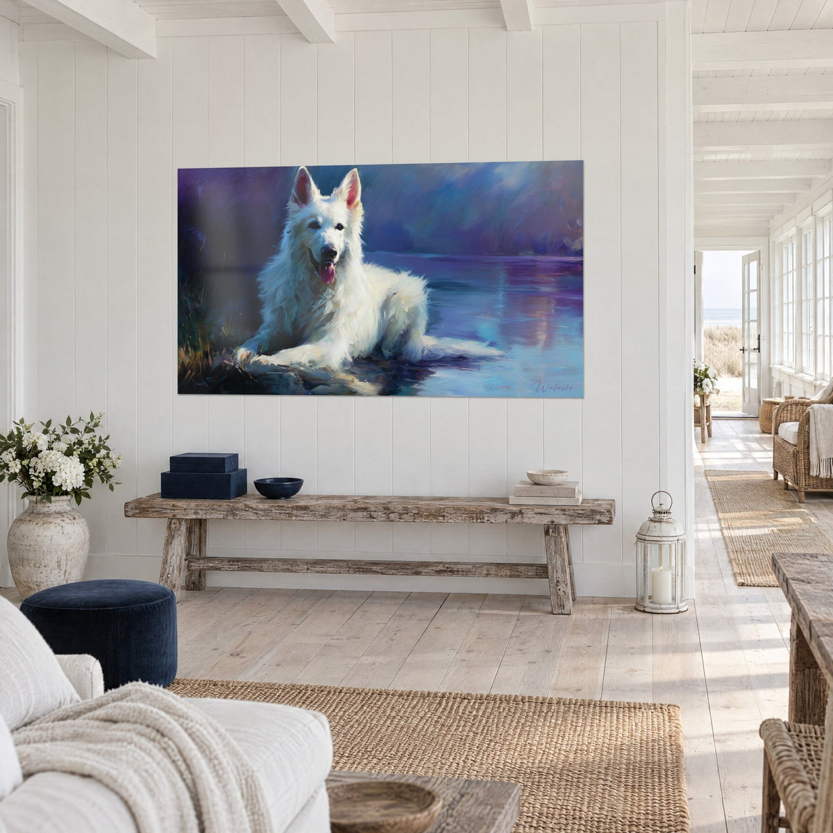 Wall art of a long-haired cream dog lying by a blue and purple lake, on a white wood-plank wall, seaside house