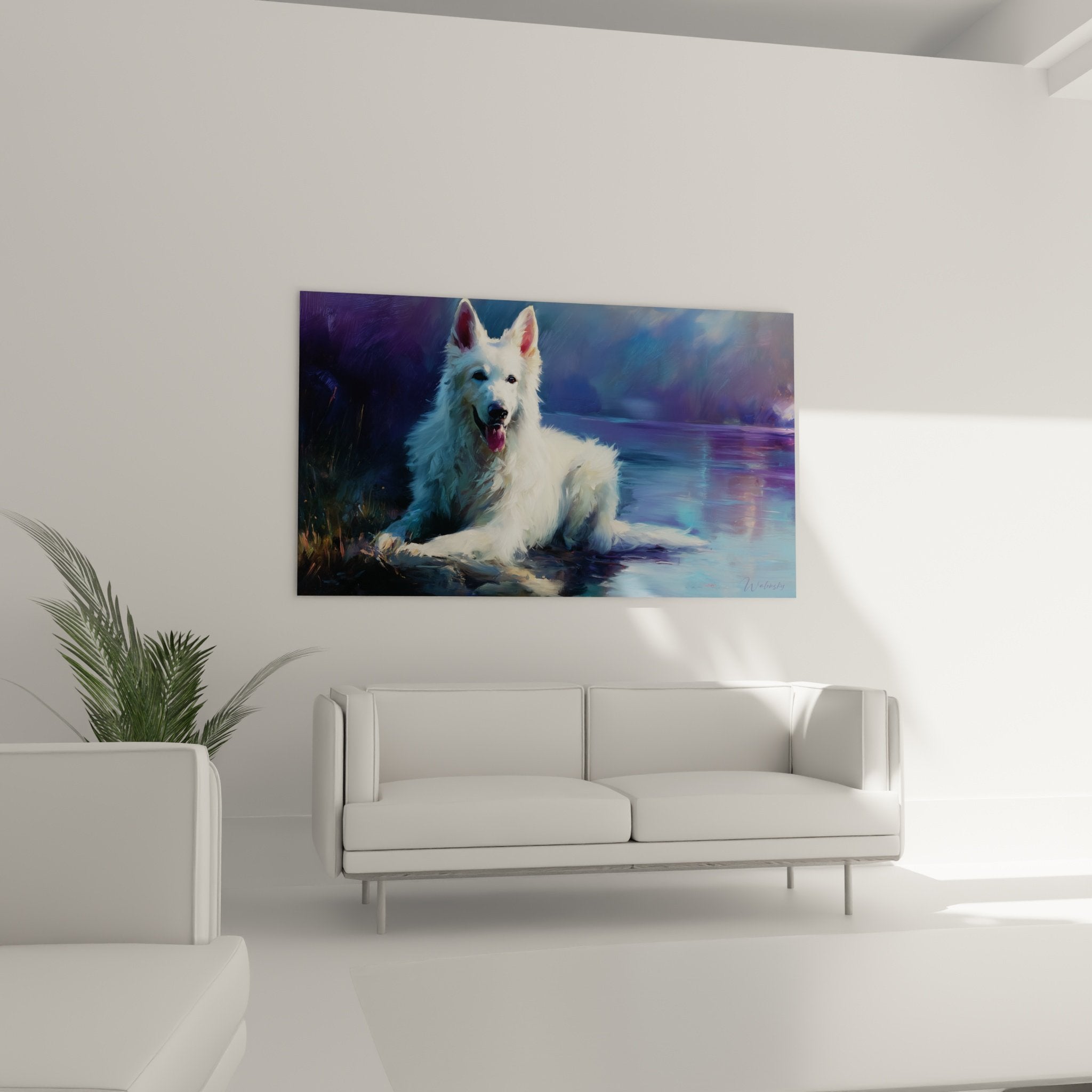 Détail rapproché peinture Berger Blanc Suisse pelage blanc et reflets aquatiques bleus technique impressionniste