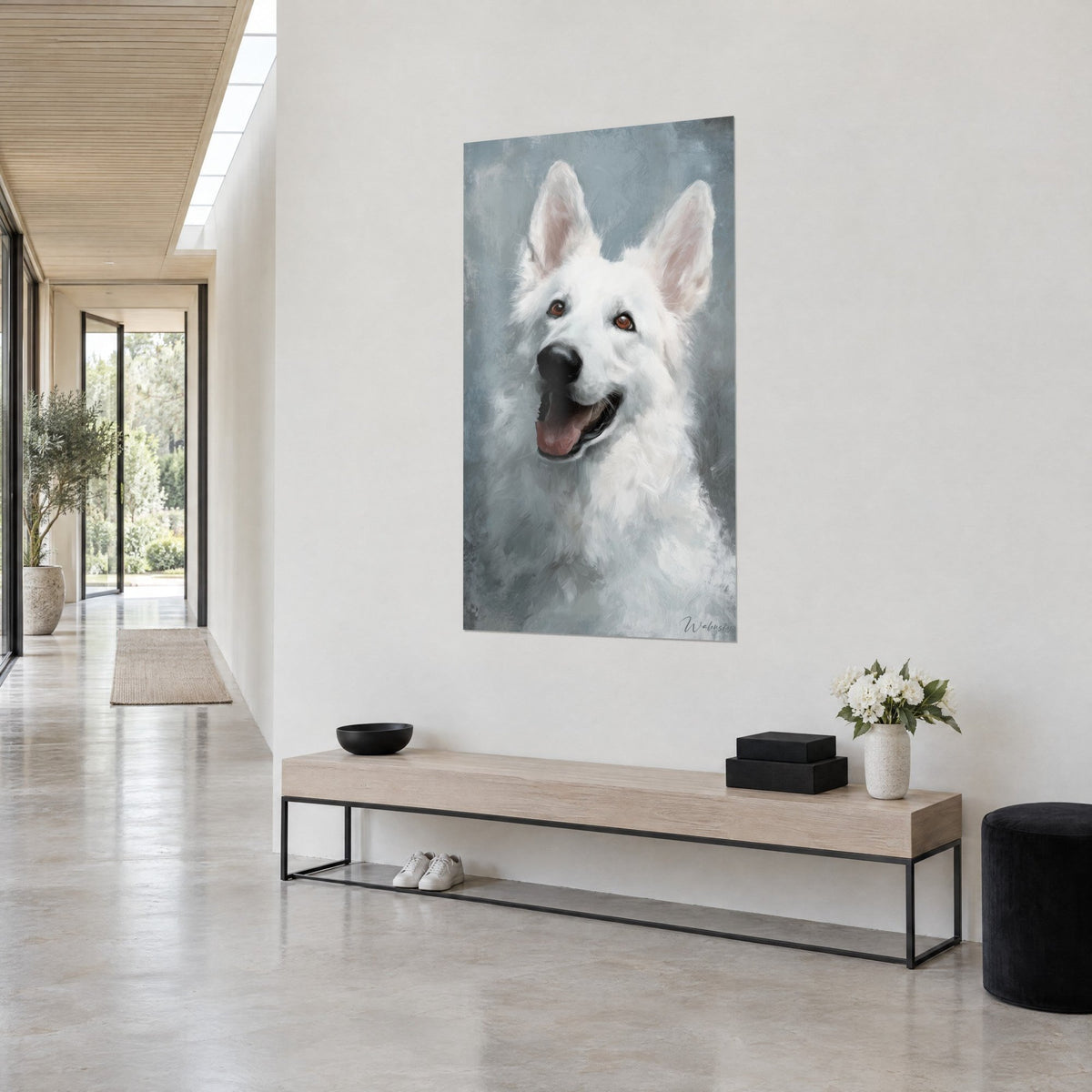 Wall art smiling White Swiss Shepherd, pale pink ears perked up, grey-blue background, in perspective down a bright hallway