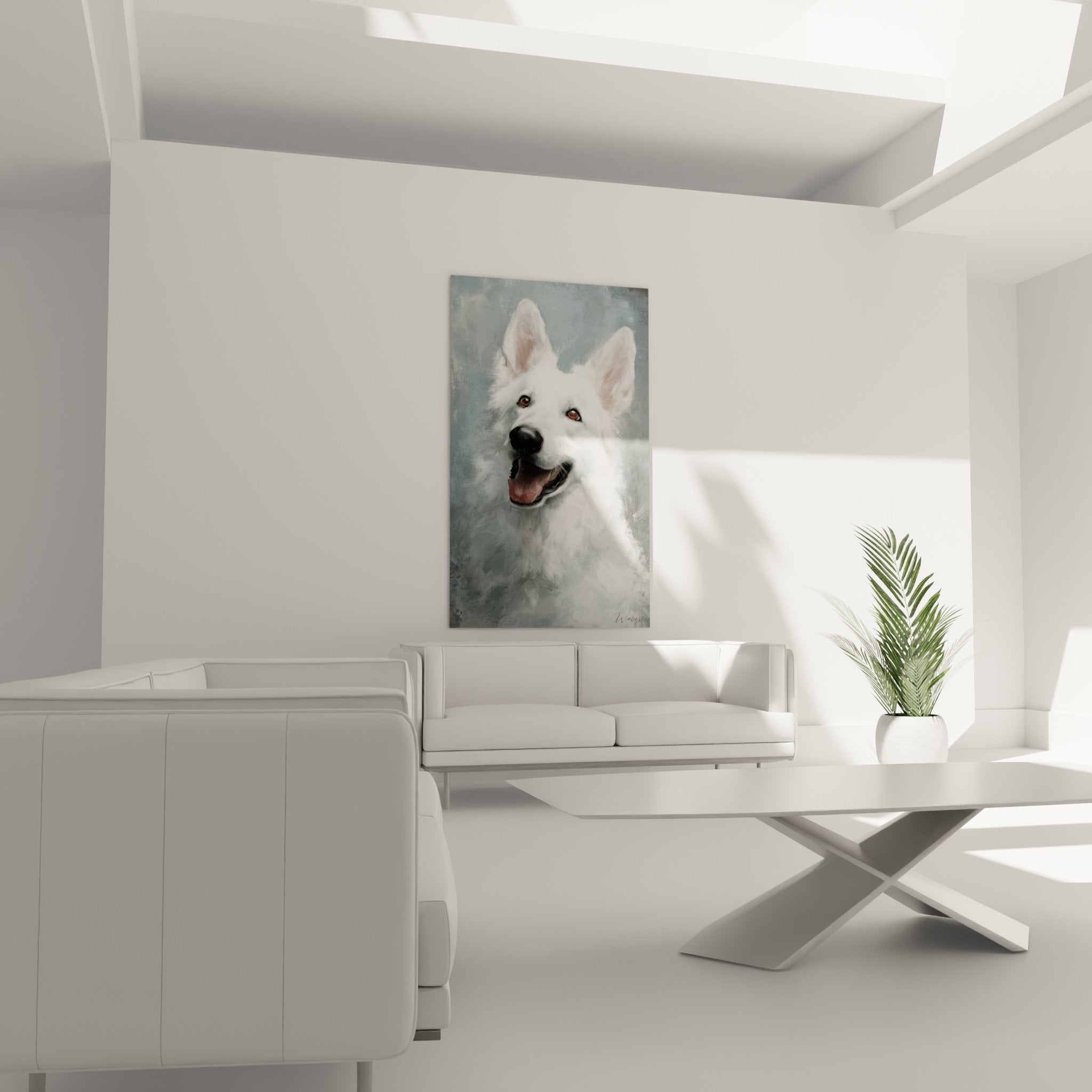Detail tableau Berger Blanc Suisse pelage blanc immacule yeux ambre expression joyeuse peinture realiste