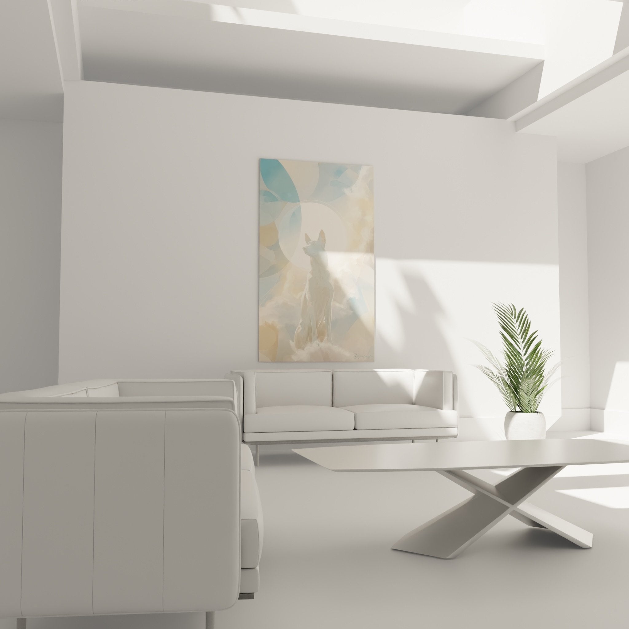 Détail tableau Berger Blanc Suisse silhouette mystique dans nuages dorés et beiges nacrés
