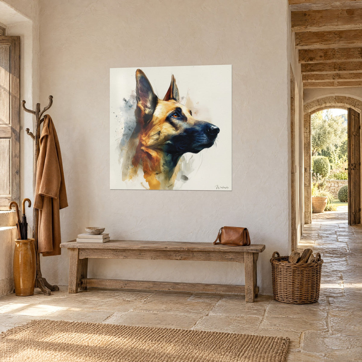 Gemälde gestromter Hund mit aufgestellten Ohren, graue und goldene Spritzer auf cremefarbenem Grund, gegenüber einem offenen Steinbogen