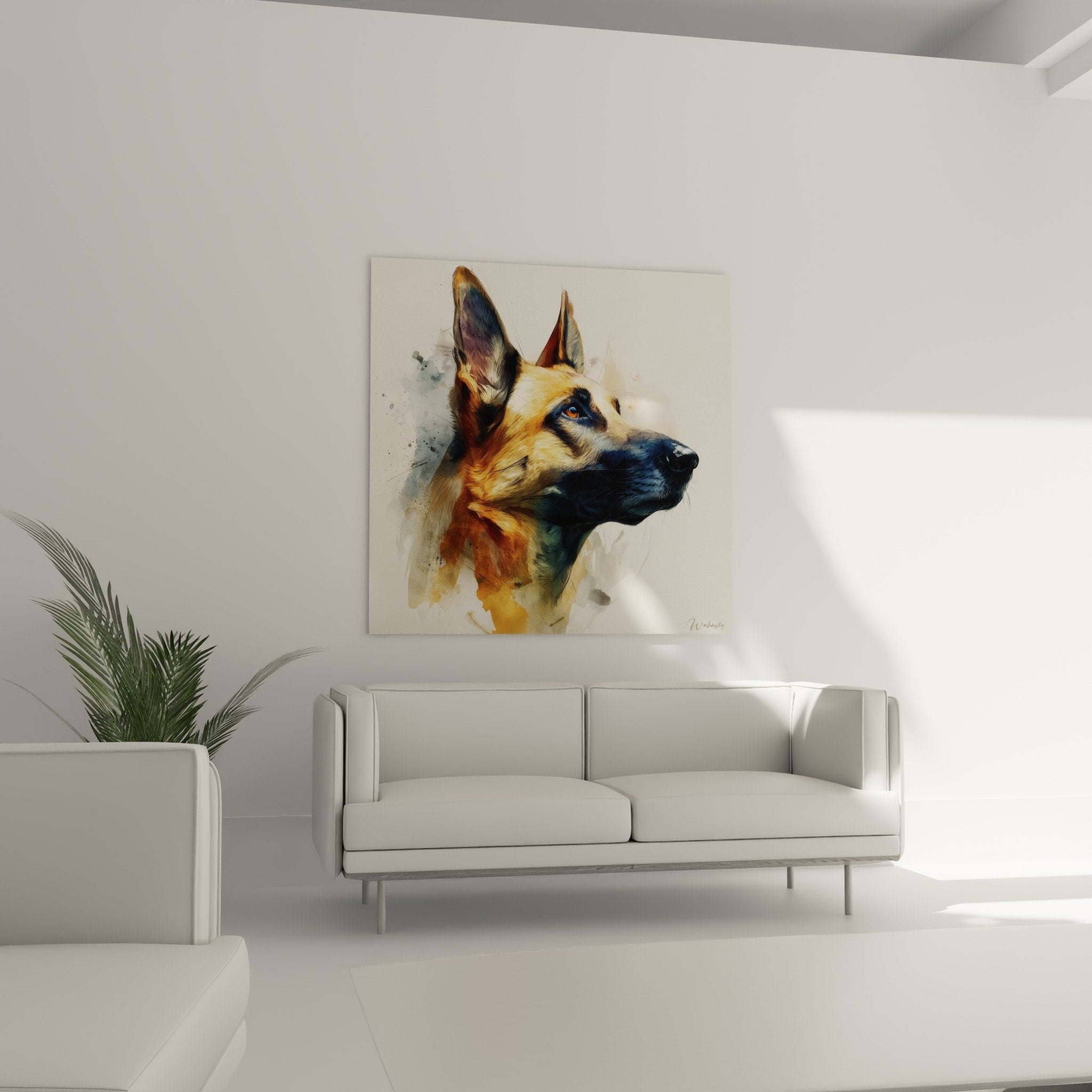 Detailporträt Holländischer Schäferhund Aquarell bernsteinfarbenes Auge goldenes Fell künstlerische Maltechnik