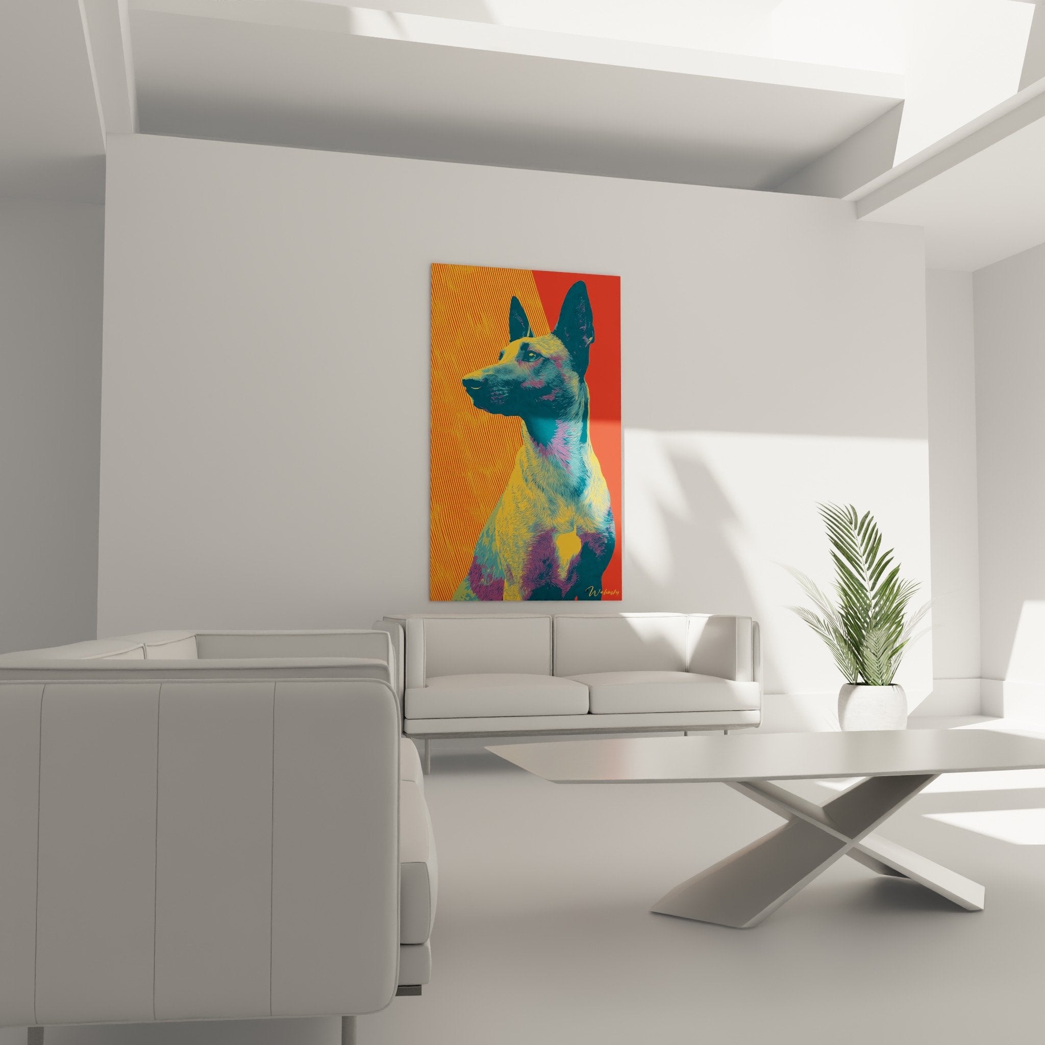 Dettaglio ritratto Pastore Olandese colorato che mostra texture artistica e sfumature turchesi