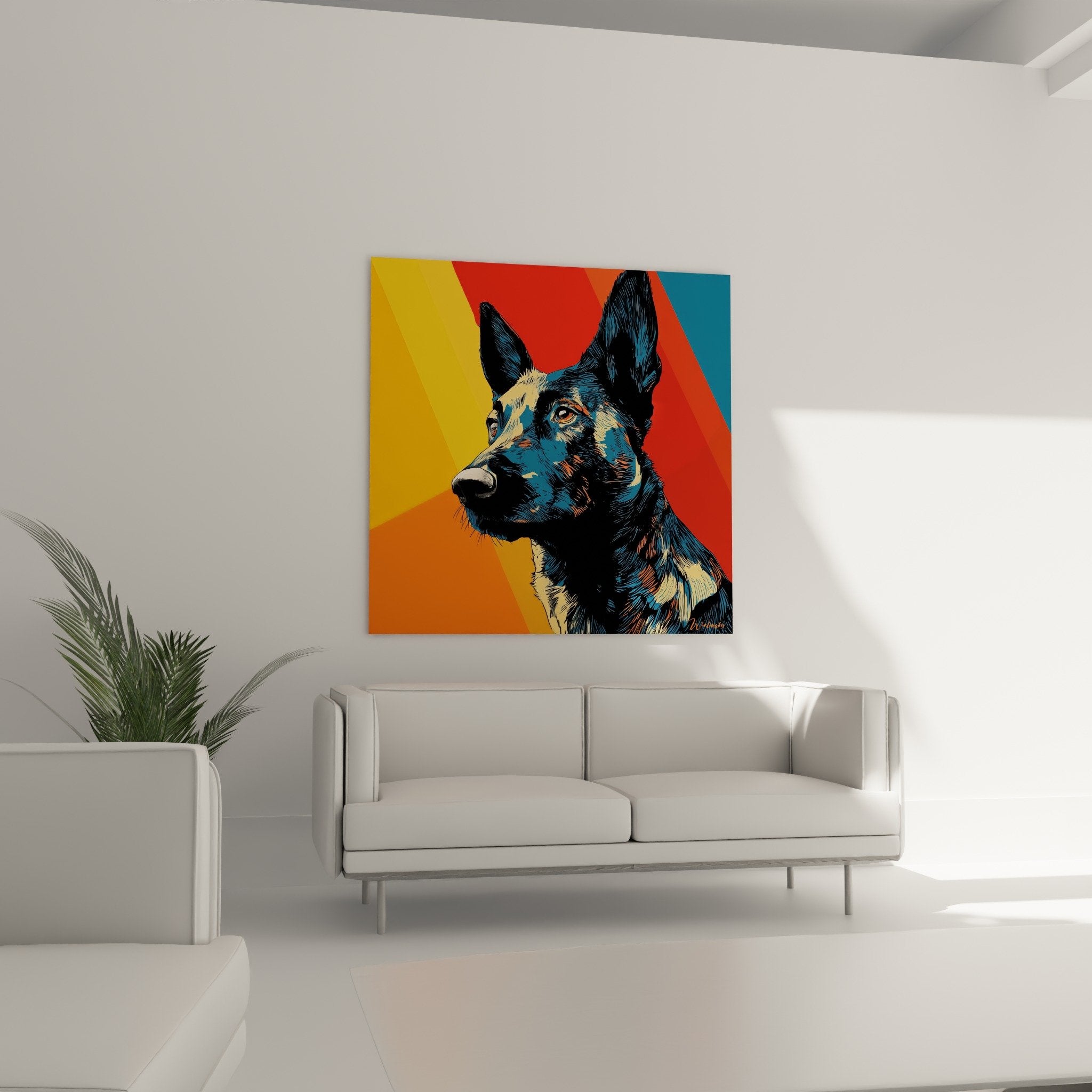 Detail portrait chien berger hollandais peinture bleue yeux ambre art contemporain