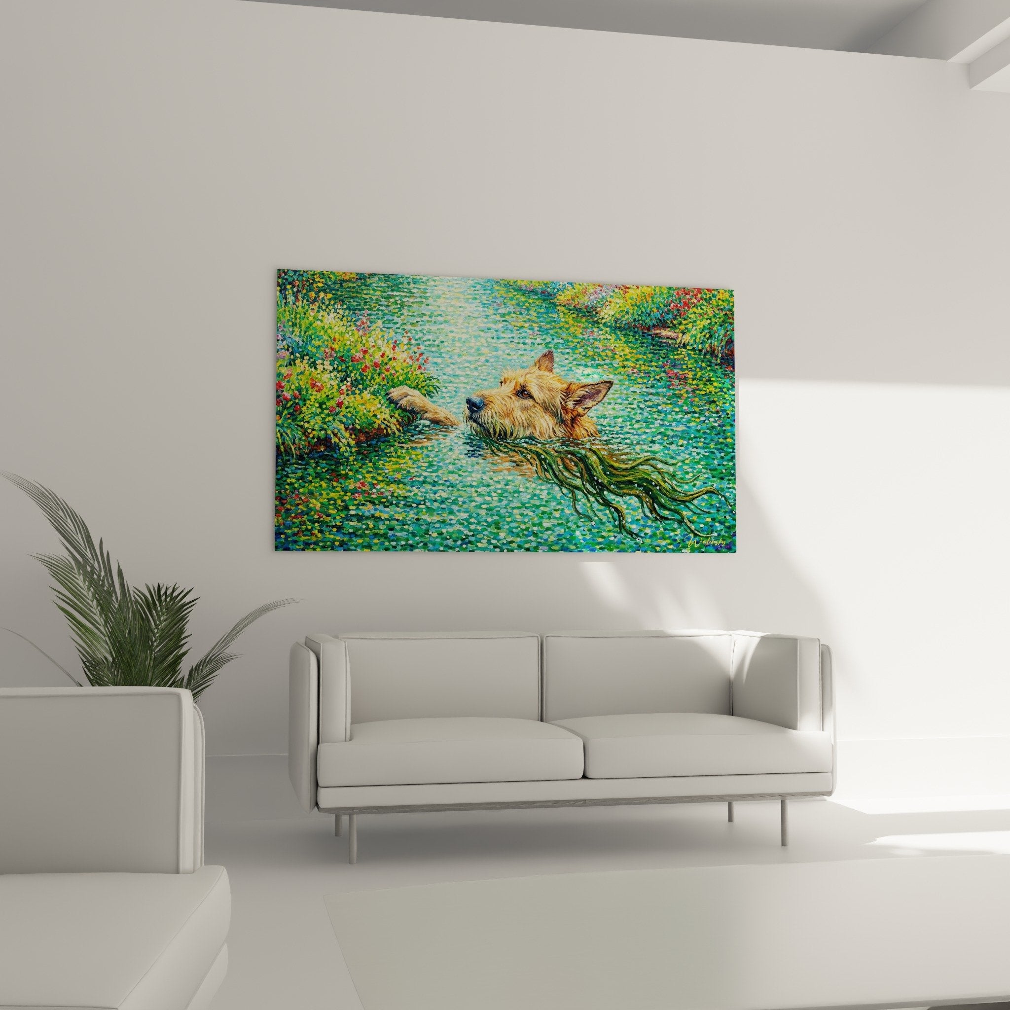 Detail Gemälde Berger Picard Wasser impressionistische Technik goldene Reflexe farbige Vegetation