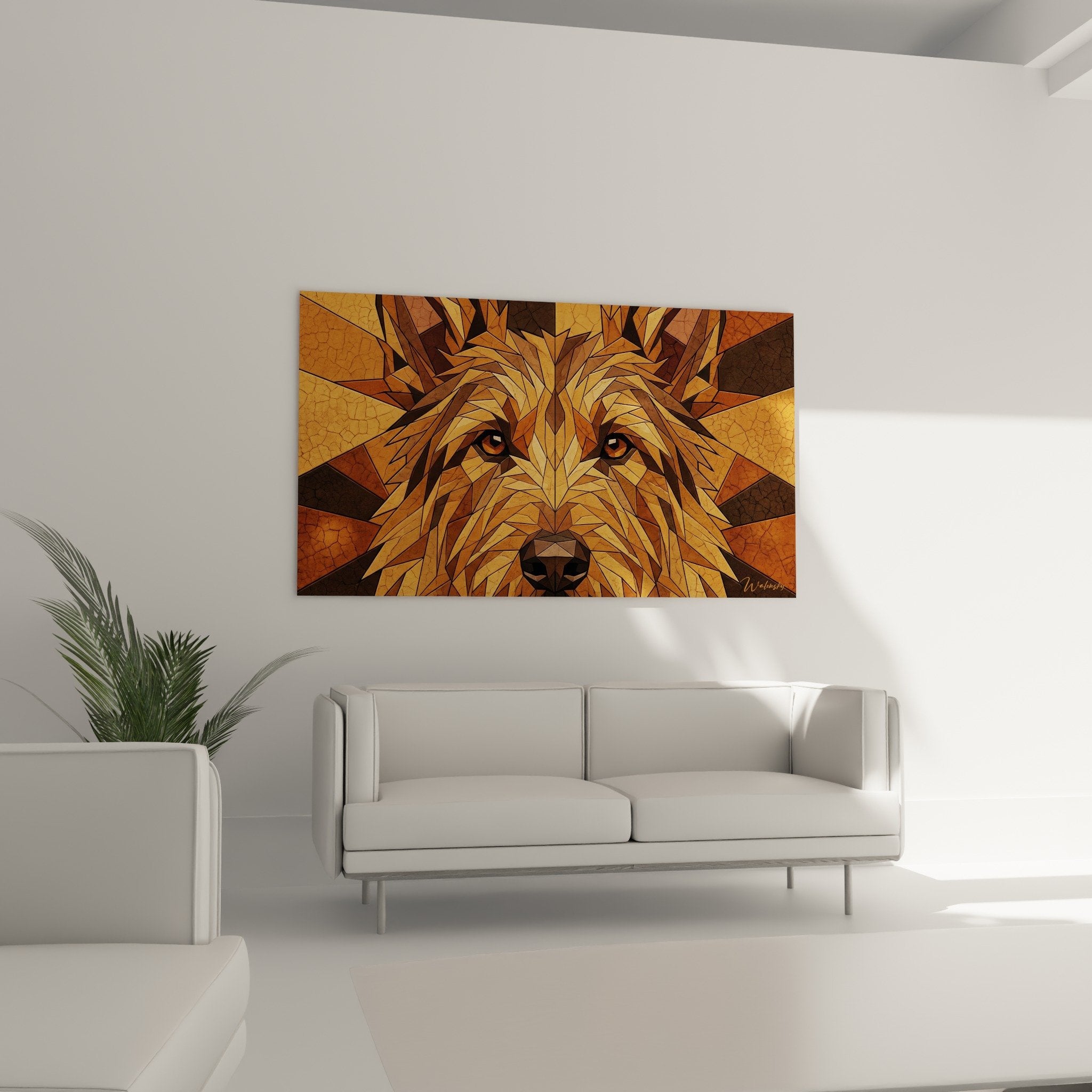 Detail portrait Picardy Shepherd geometric mosaic crackled effect golden ochre tones modern artistic texture