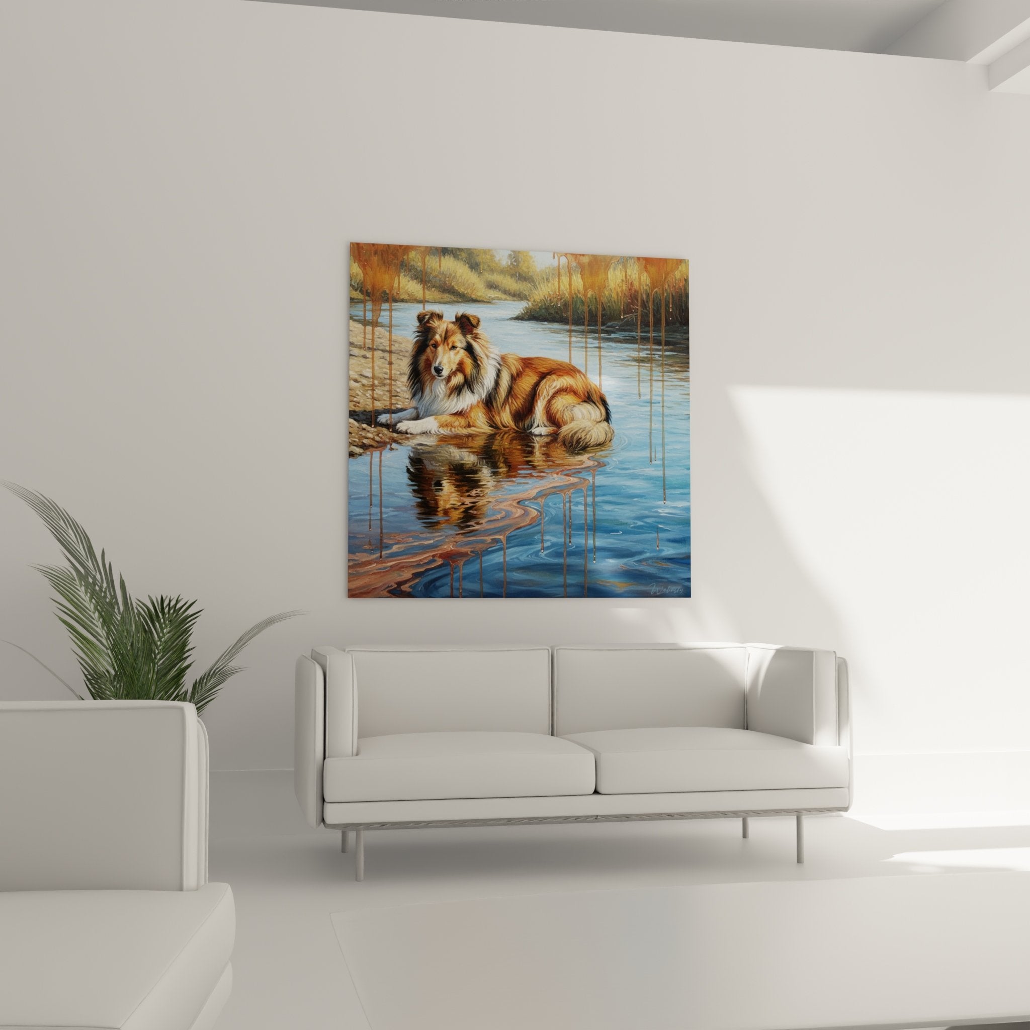 detail pelage berger des shetland tricolore roux blanc coulures dorees peinture artistique