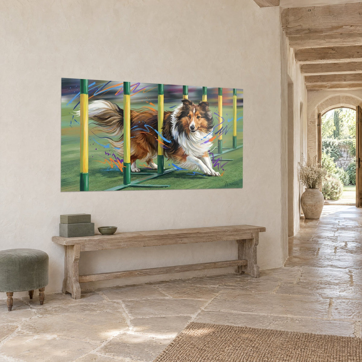 Wall art miniature Collie in full agility run, copper and cream coat, purple and orange strokes, against a light stone wall