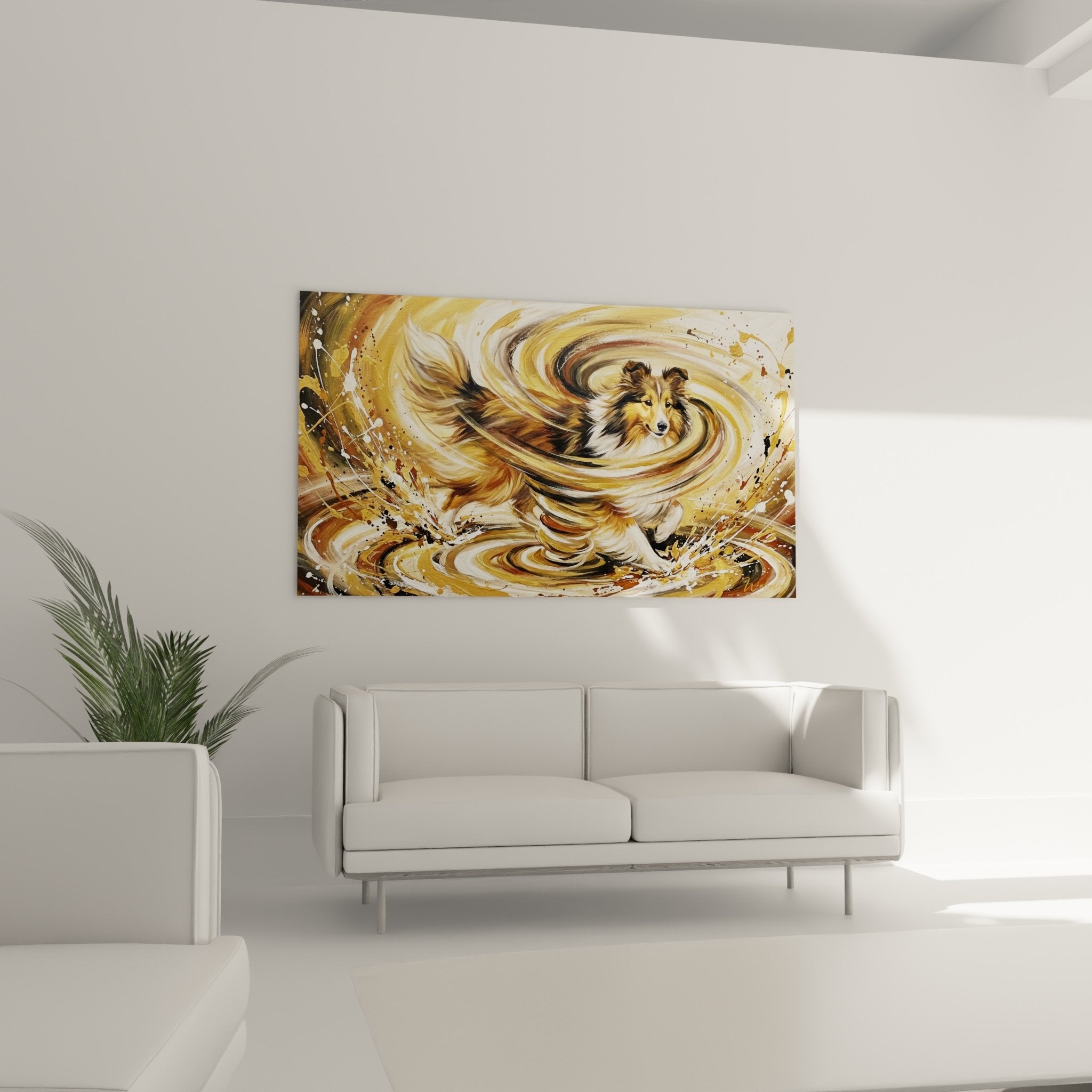 Detail gros plan berger des shetland tourbillon dore texture peinture eclaboussures technique artistique moderne