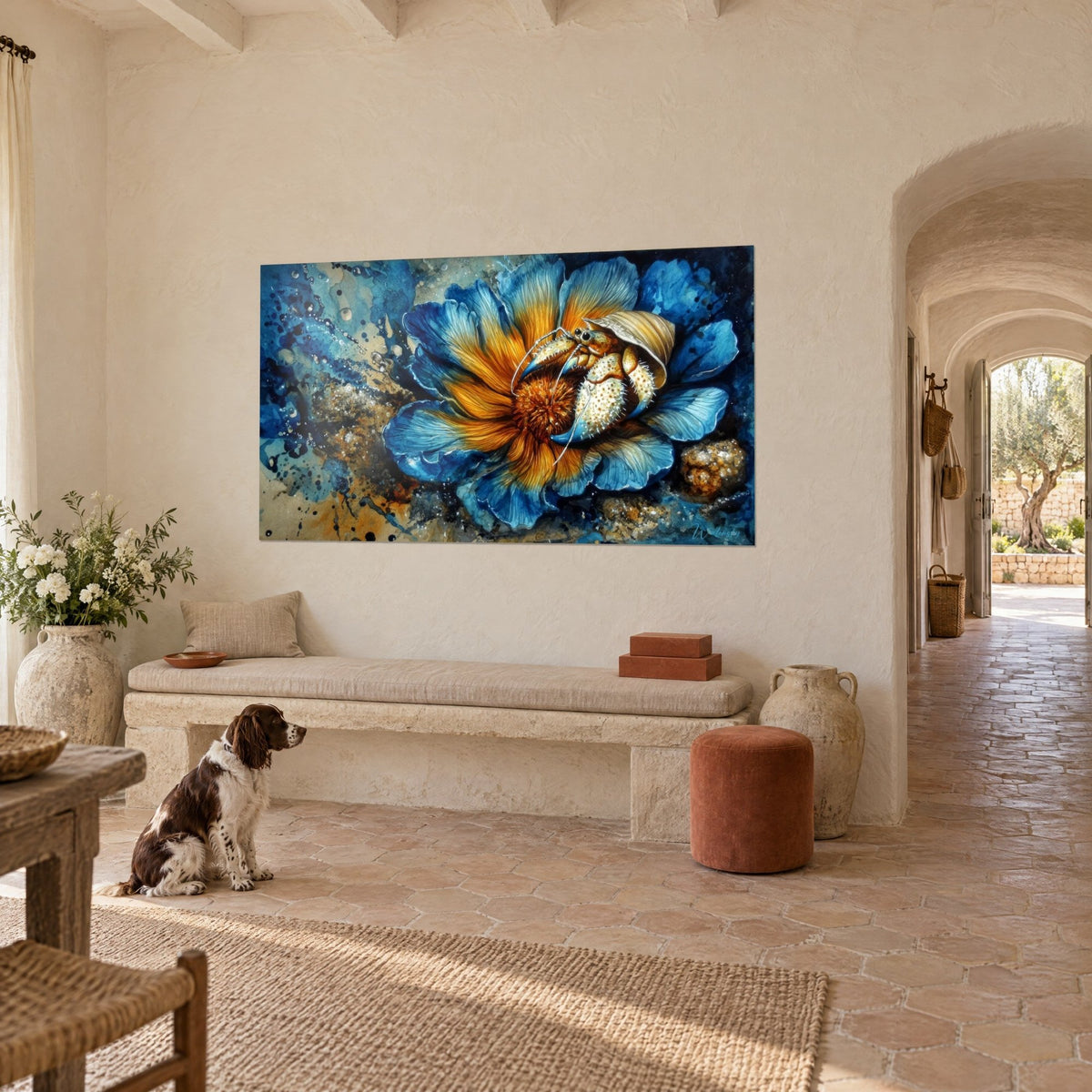 Wall art amber-shelled hermit crab on azure and copper petals, gold splashes, seated spaniel, Provençal farmhouse