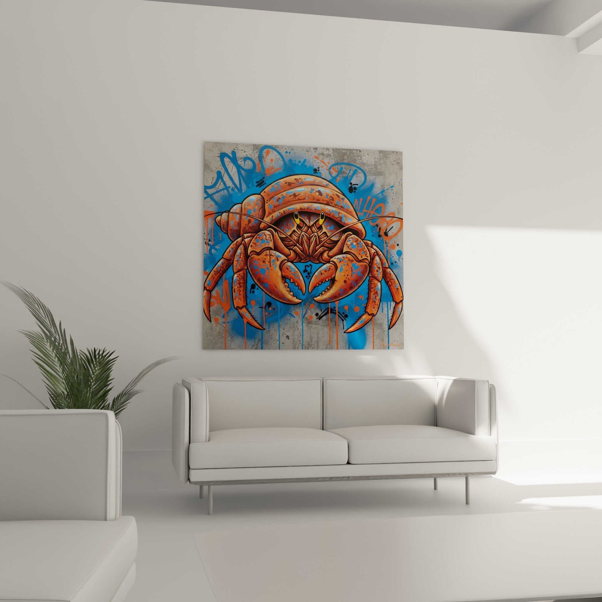 detail tableau bernard-l'hermite orange pinces yeux jaunes peinture bleue coulures street art