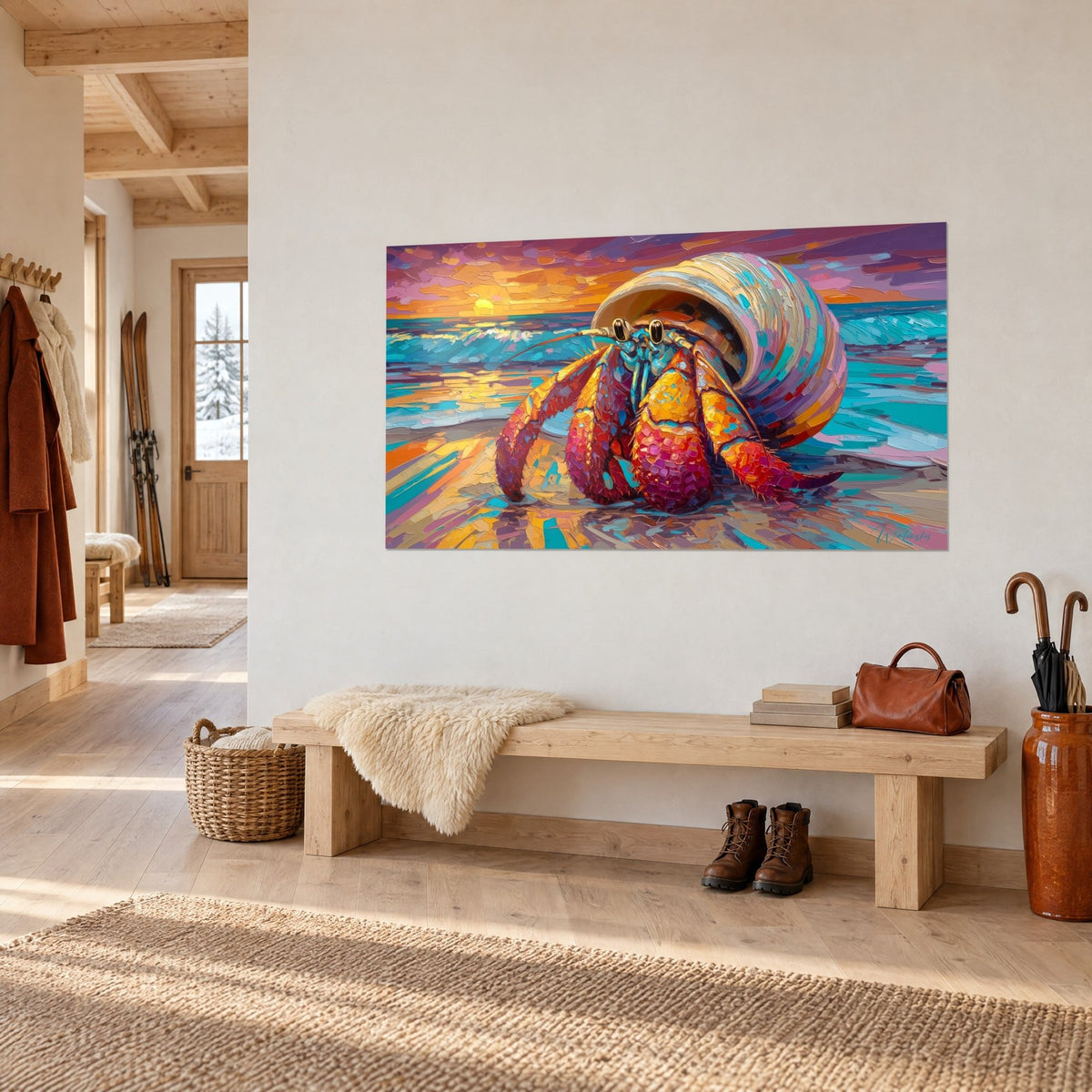 Tableau crustacé à coquille spiralée beige et rose, soleil orange couchant sur mer bleue, accroché dans l'entrée d'un chalet