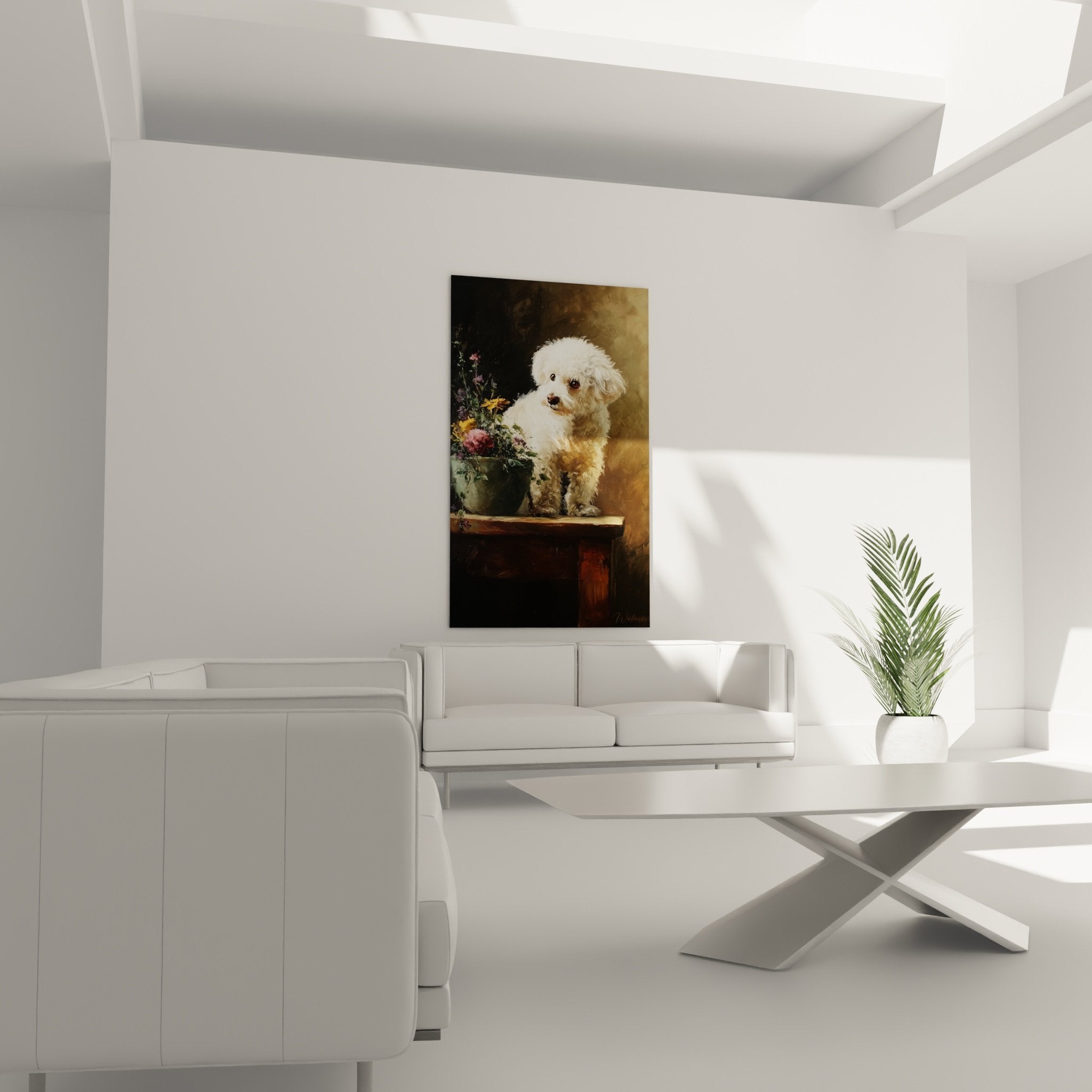 Großaufnahme Bichon Frise lockiges weißes Fell schwarze Nase ausdrucksstarker Blick bunte Blumen