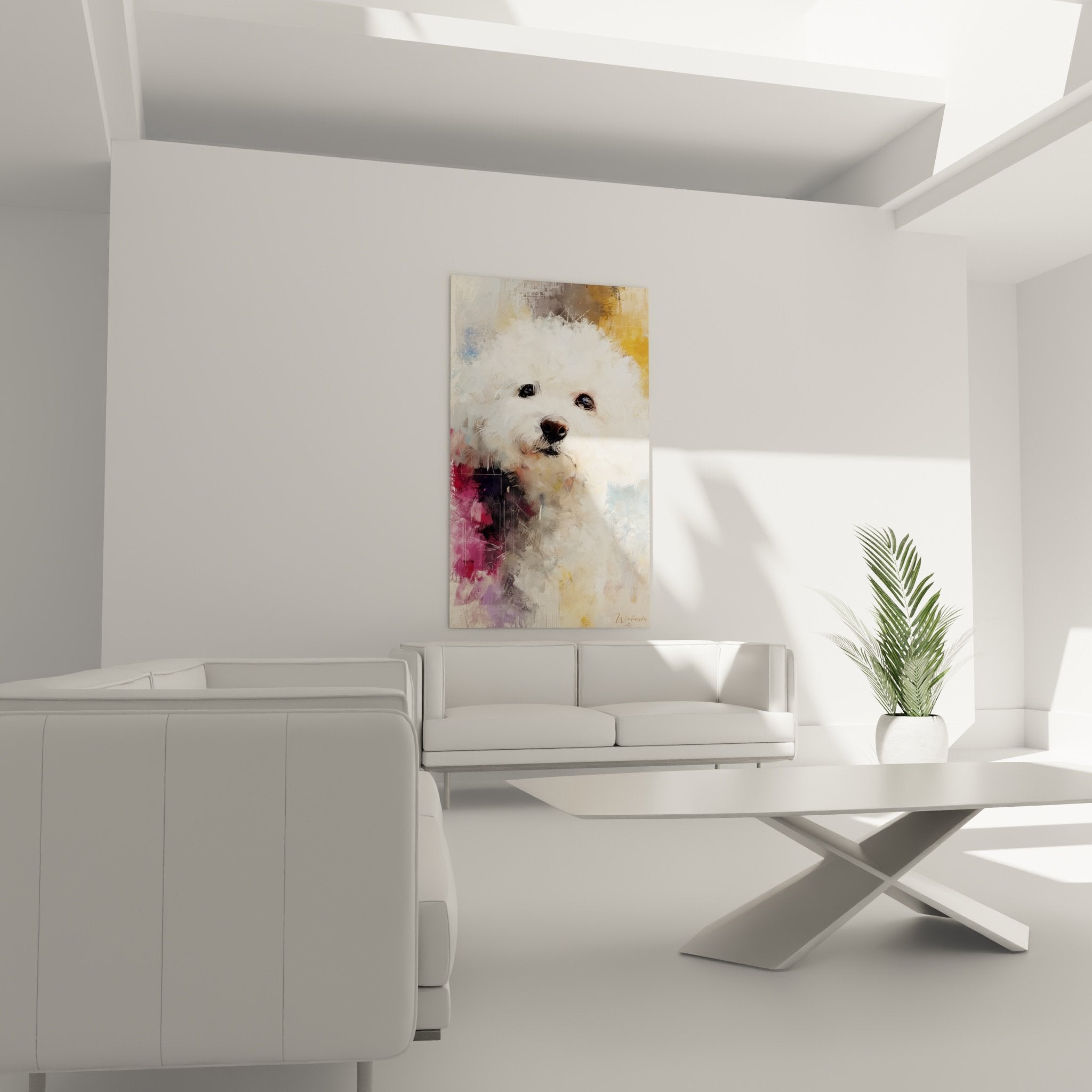 Bichon Frise portrait detail dark expressive eyes white coat visible brushstroke texture