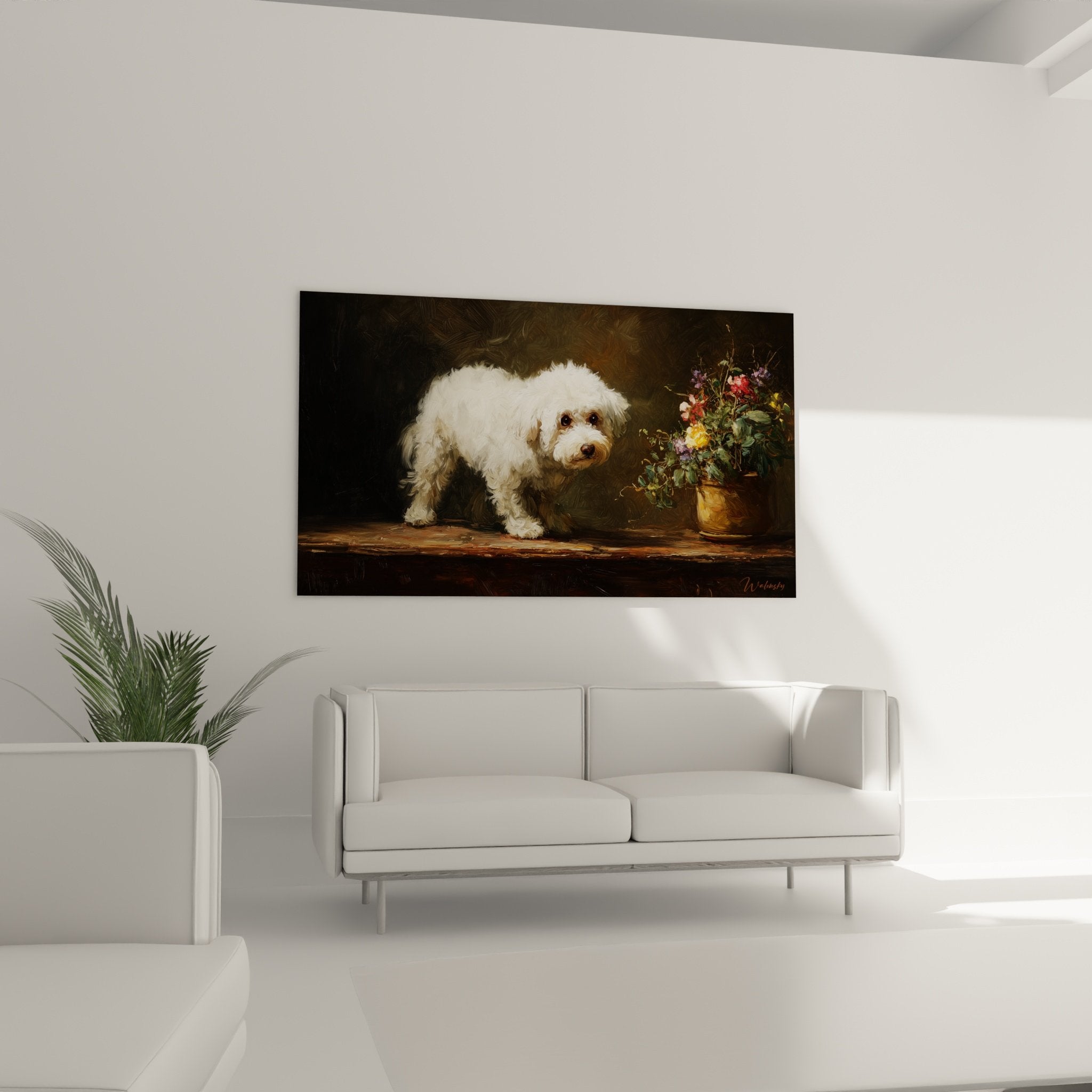 Detail pelage boucle blanc Bichon Frise pres bouquet roses violettes peinture style flamand