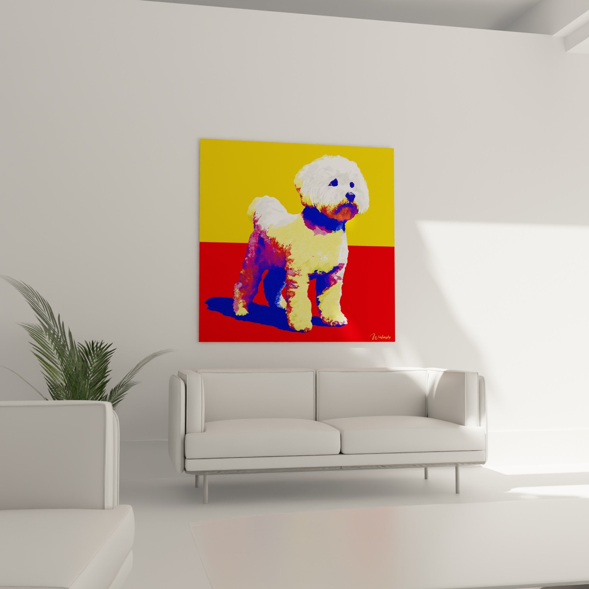 Dettaglio quadro Bichon Frise occhi blu mantello bianco tecnica serigrafia moderna