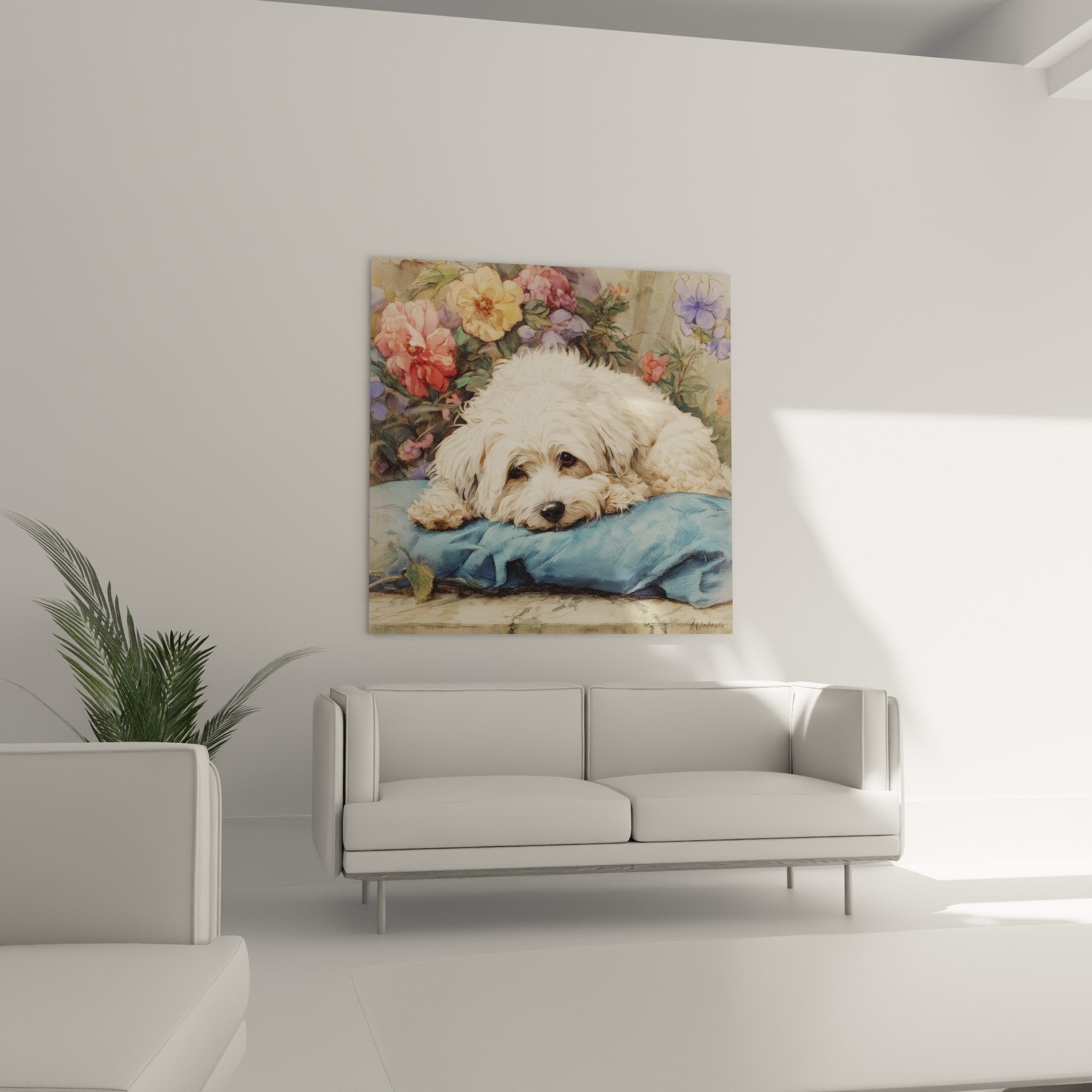 Gros plan pelage crémeux Bichon Havanais endormi détails artistiques fleurs colorées
