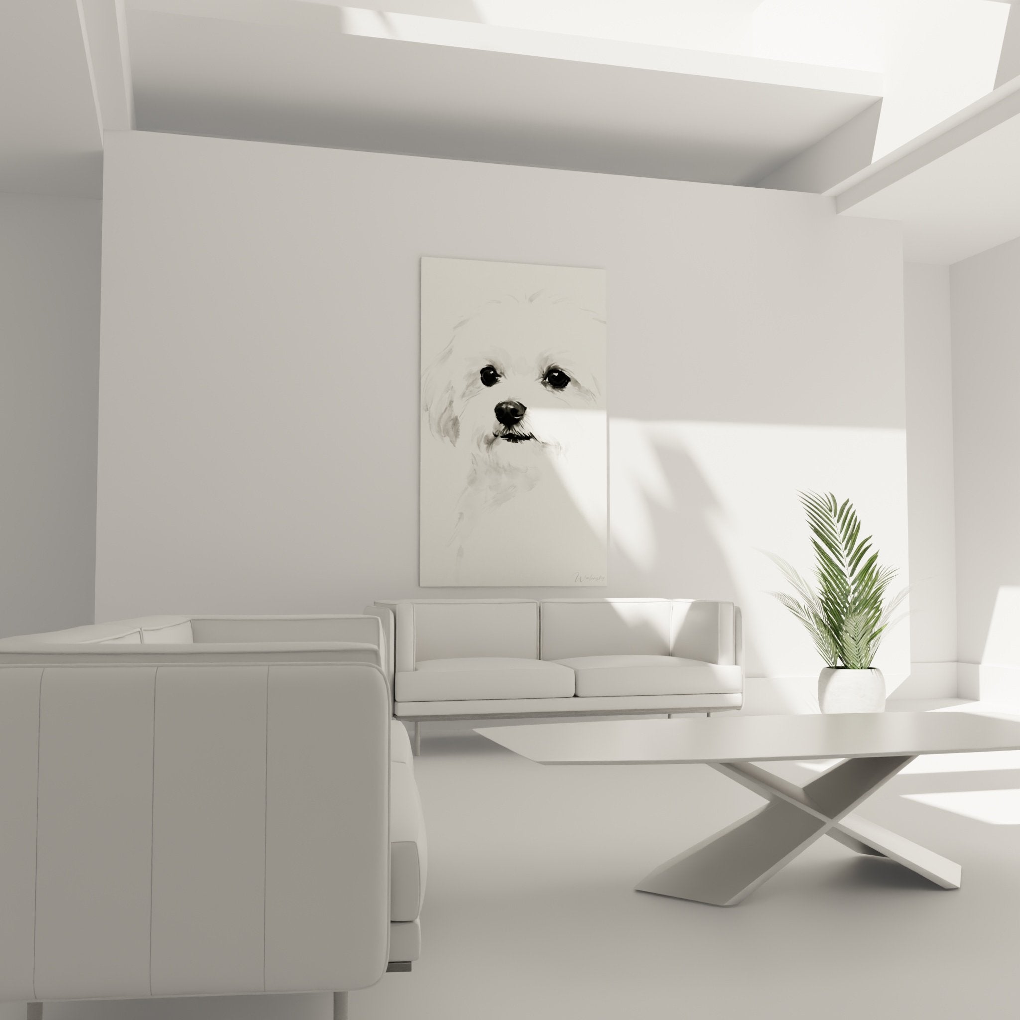 Dettaglio ritratto Bichon Maltese acquerello sfumature grigie mantello setoso sguardo dolce espressivo
