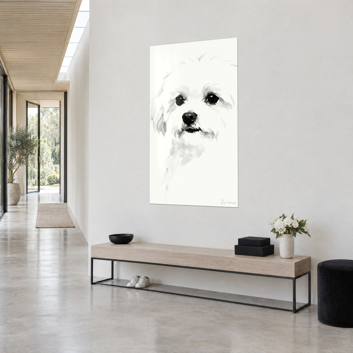 Wall art black muzzle and tender gaze of a bichon, grey ink on ivory background, three-quarter view, hallway and light wood bench