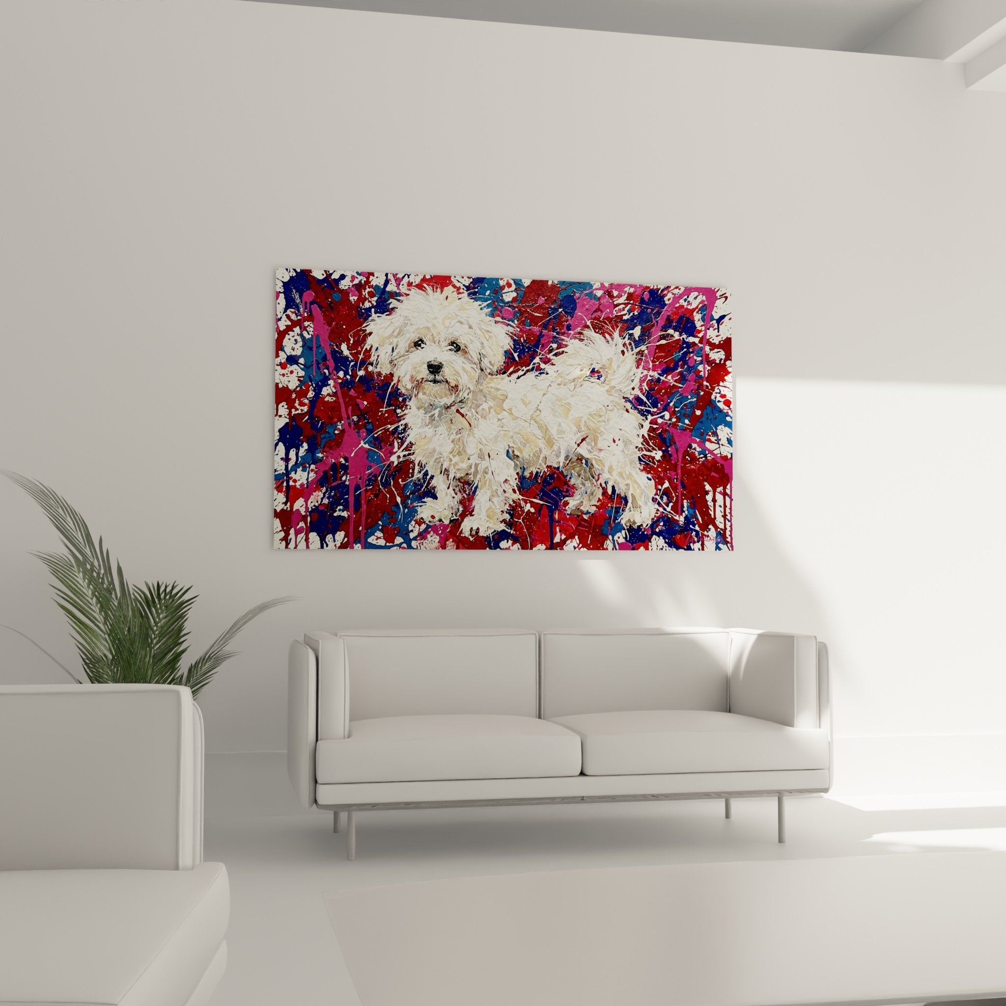 Détail pelage blanc Bichon Maltais contraste éclaboussures peinture rose violet technique artistique