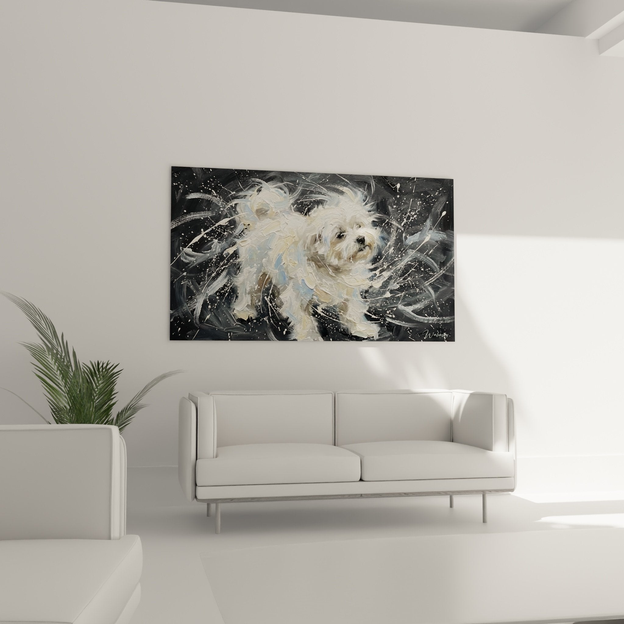 Dettaglio pittura Bichon Maltese mantello bianco realistico contrasto sfondo astratto grigio nero con texture