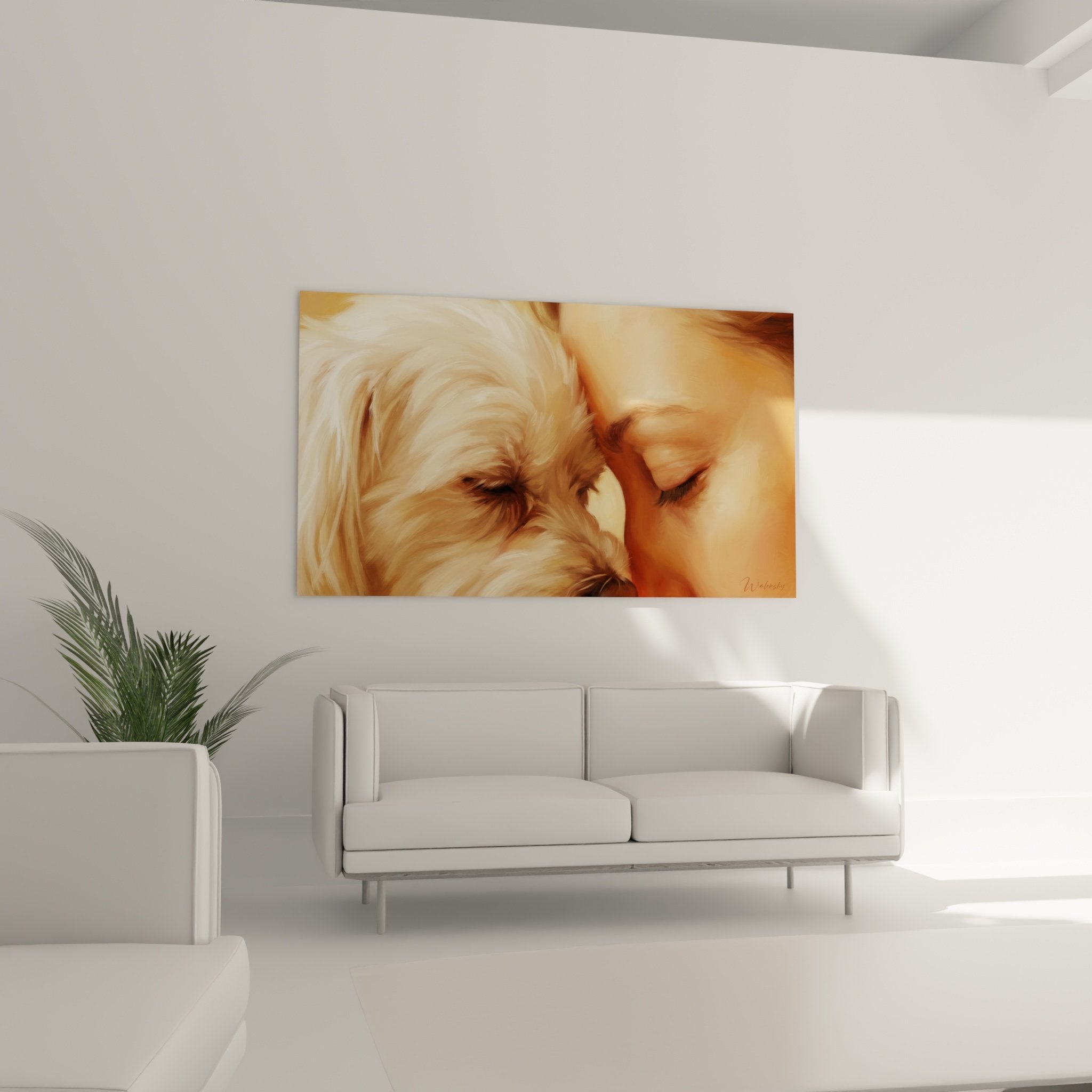 Nahaufnahme Maltese-Gemälde mit goldenem, seidenartigem Fell realistische Malerei Emotion Textur