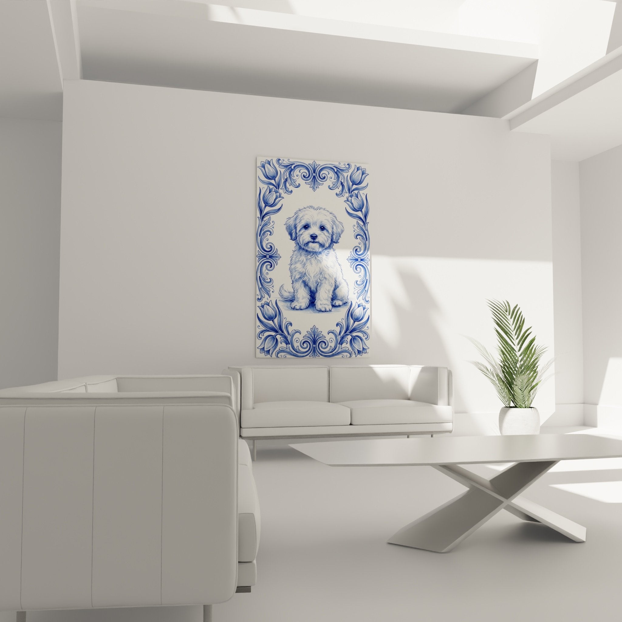 detail tableau bichon maltais pelage blanc nuances bleues expression tendre yeux expressifs art canin