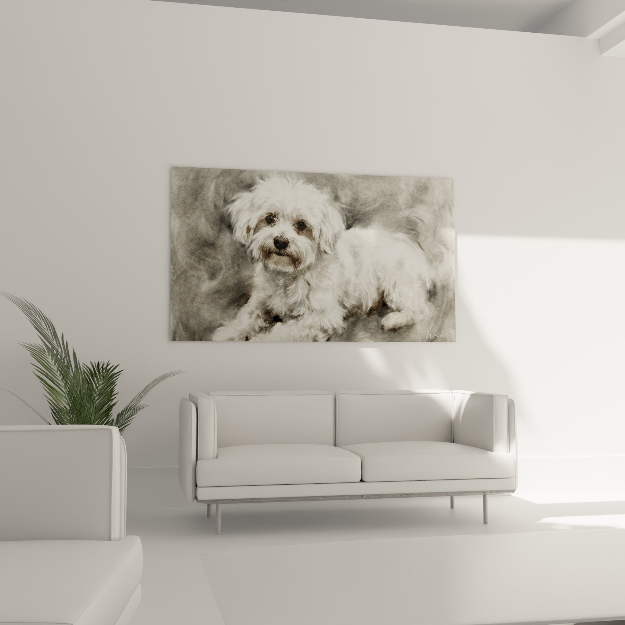 Gros plan du portrait Bichon Maltais montrant détails pelage soyeux et yeux expressifs en sépia