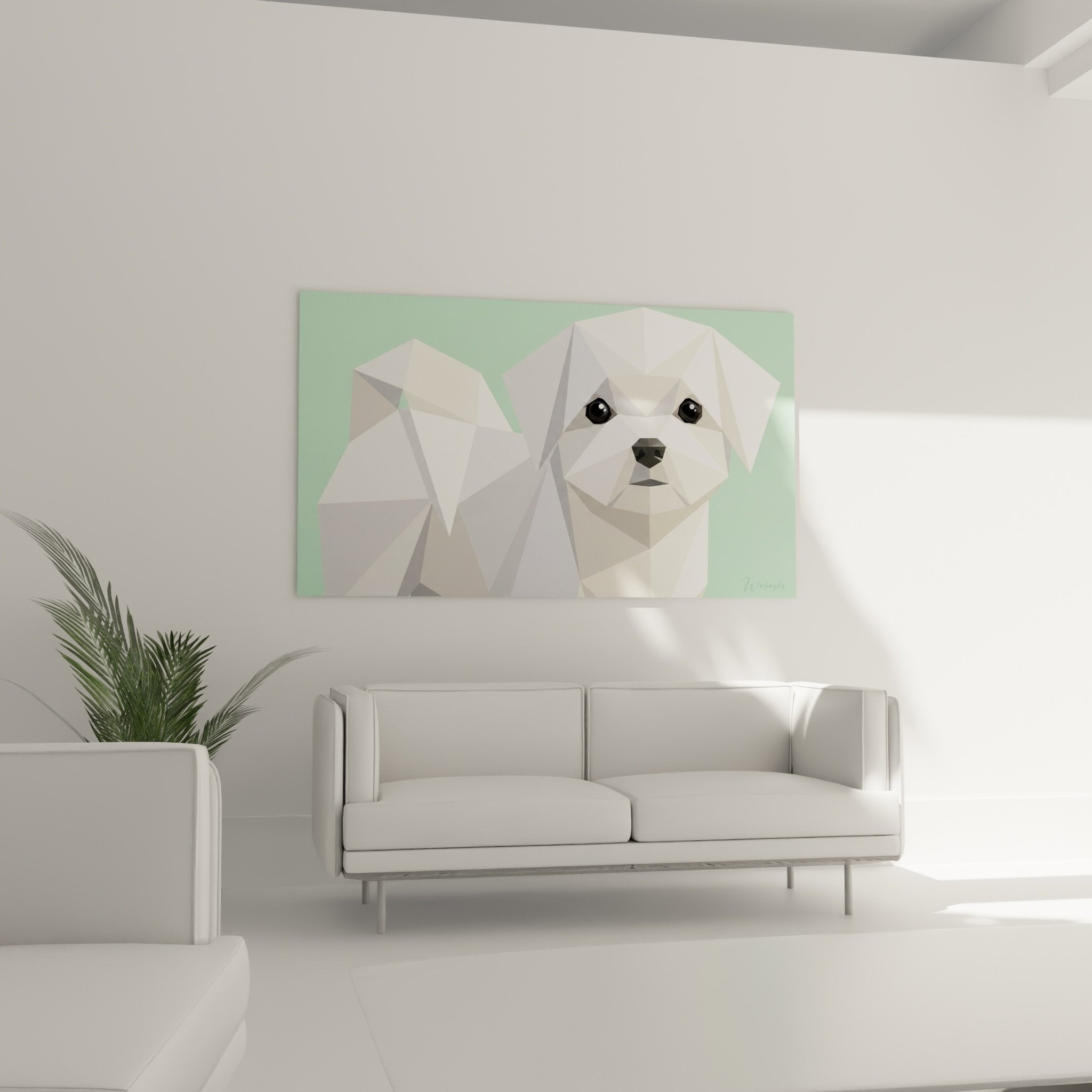 Détail portrait Bichon Maltais géométrique facettes polygonales blanches yeux noirs expressifs