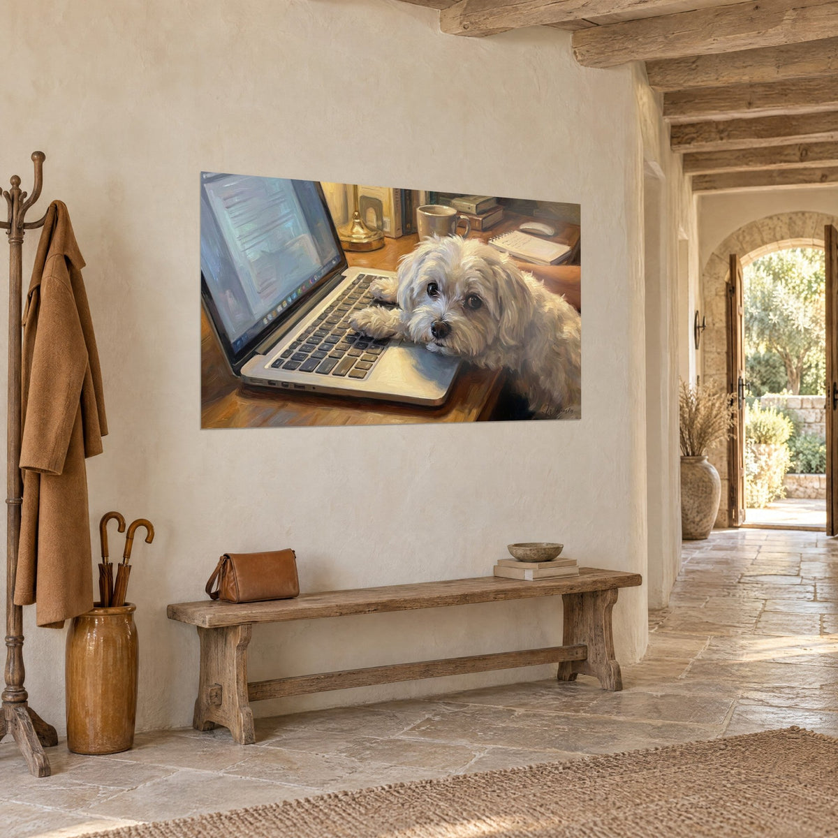 Wall art of a small white dog with dark eyes lying beside a silver laptop, ochre desk, three-quarter view, stone hallway