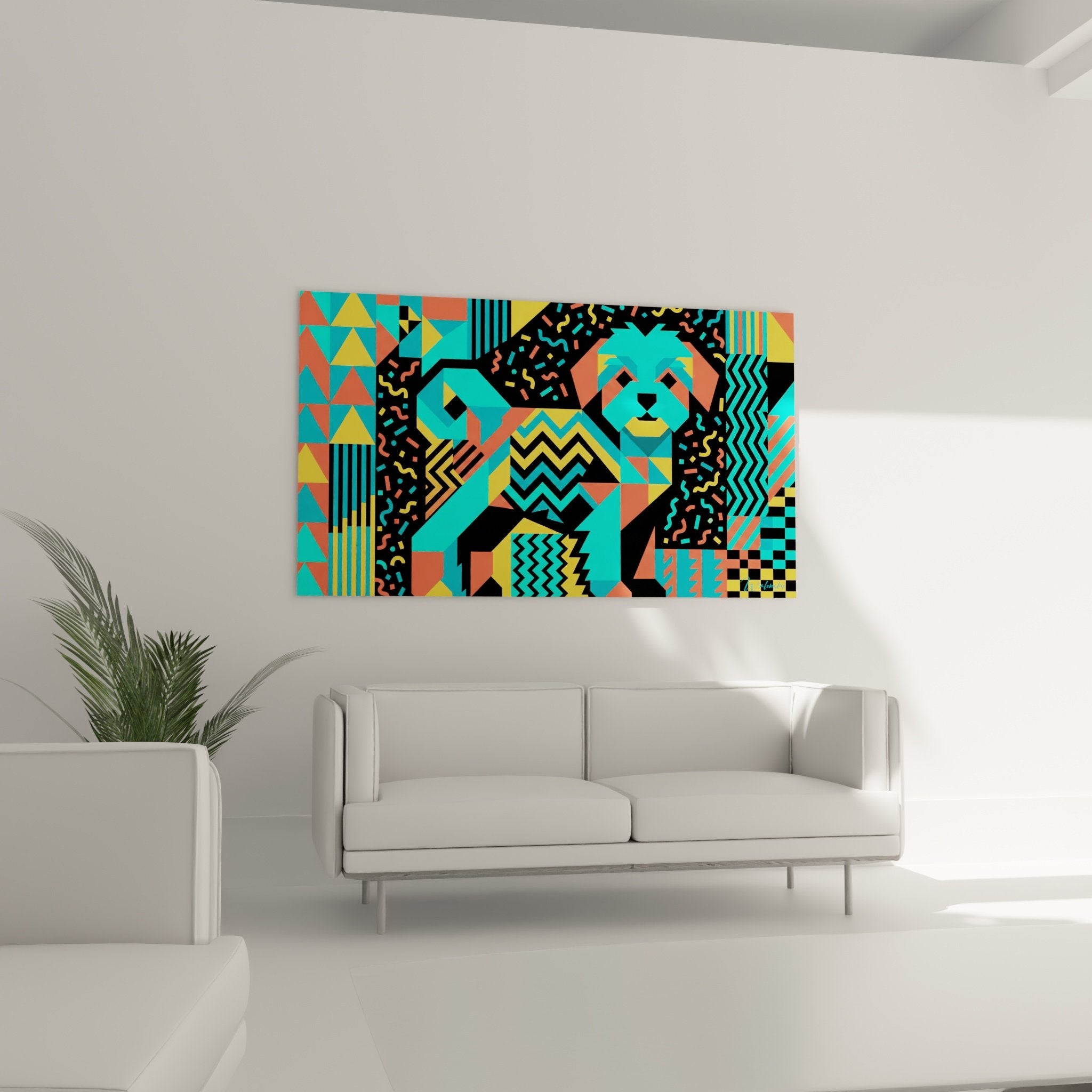 Detail tableau Bichon Maltais artistique pelage noir confettis tete turquoise formes geometriques colorees
