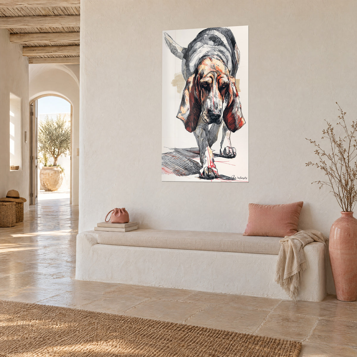 Wall art hunting dog in ink sketch, grey muzzle and orange coat, hung above a white bench, Mediterranean house