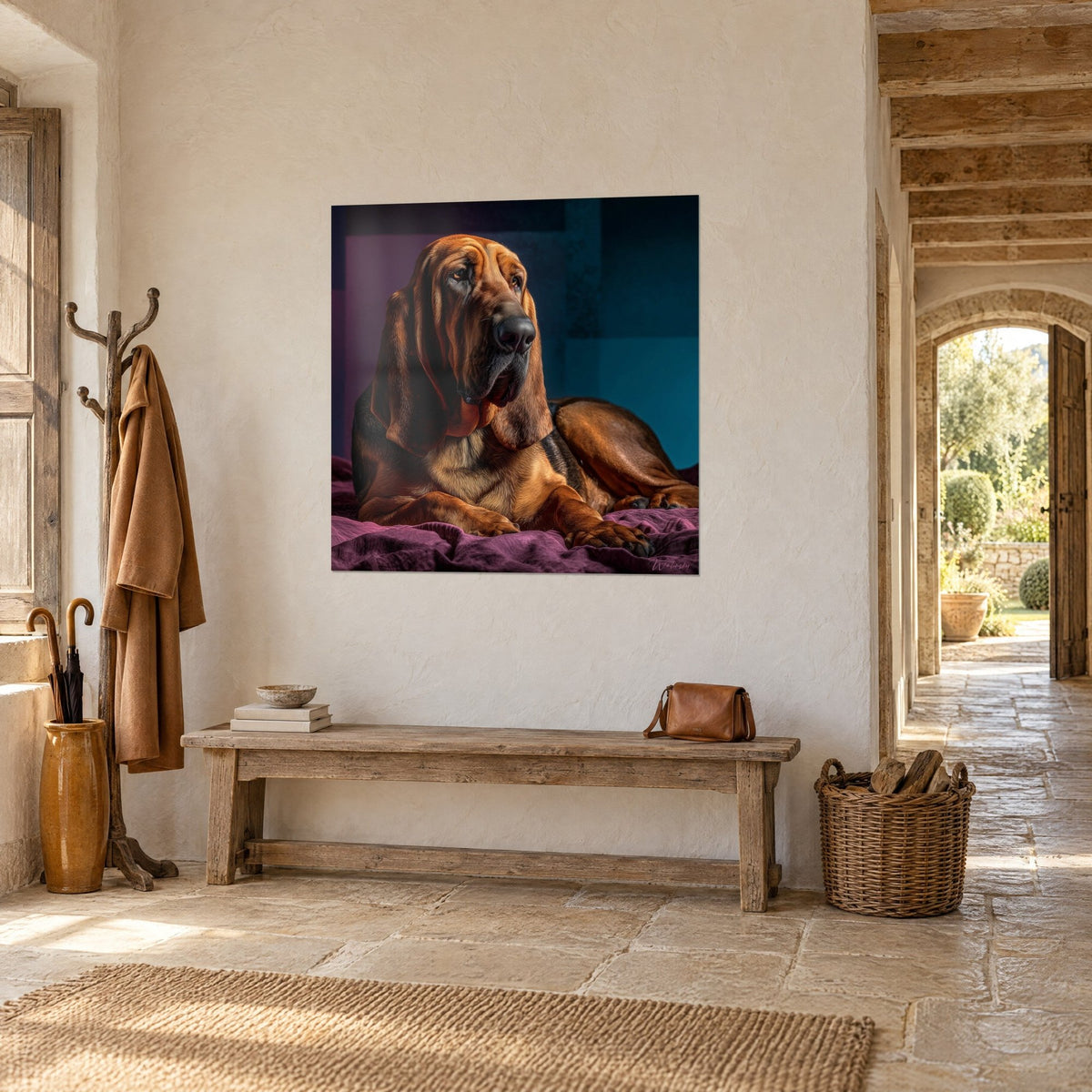 Quadro di un segugio rossiccio sdraiato, sguardo triste, pieghe del muso e velluto color prugna, appeso alla parete di una casa in pietra