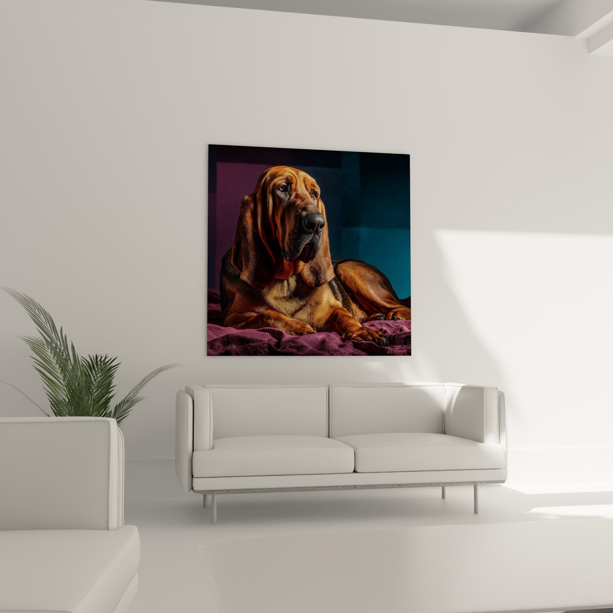 Gros plan tableau Bloodhound pelage roux détaillé oreilles tombantes regard brun expressif texture réaliste