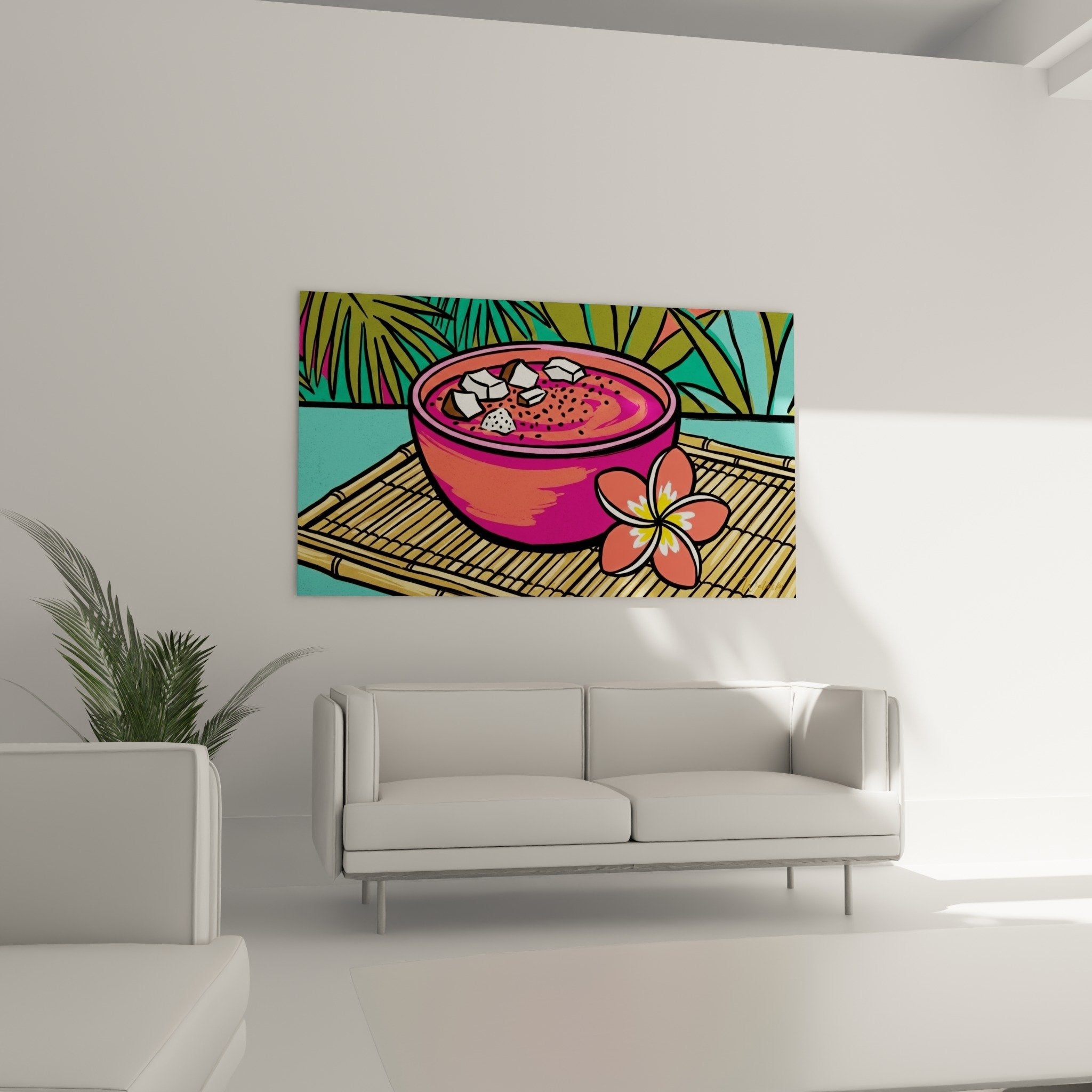 Détail gros plan bol rose magenta avec cubes coco blancs et fleur frangipanier Bali