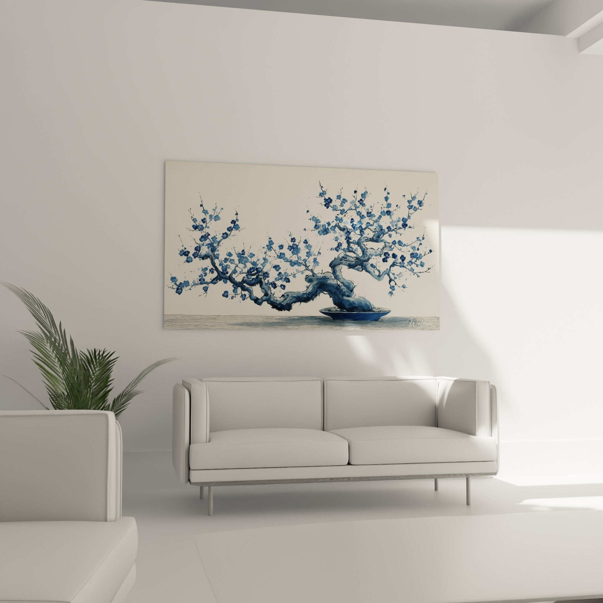 Gros plan tableau bonsaï fleurs bleues style aquarelle japonaise art ikebana detail